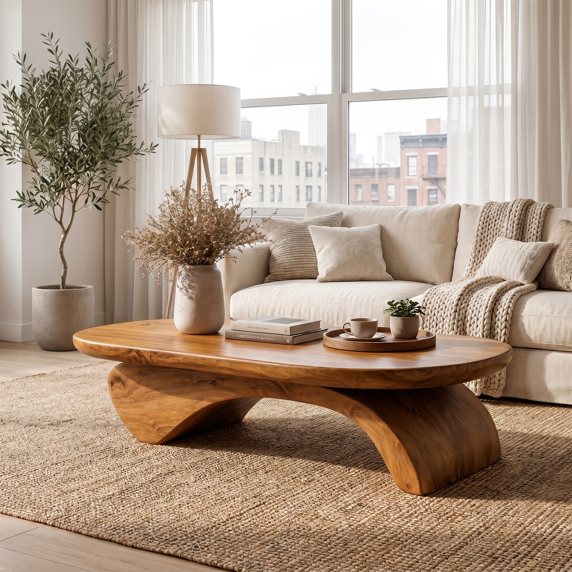 Rustic Live Edge Coffee Table With Artistic Curved Wood Pedestal For Living Room