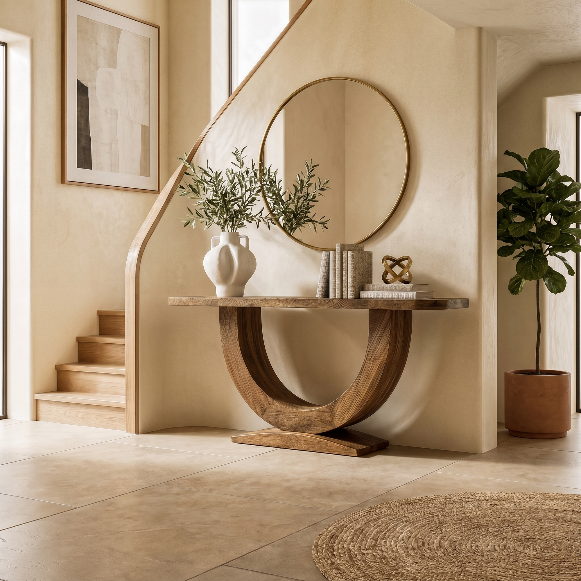 Contemporary Organic Console Table With U Shape Pedestal Base For Entryway And Living Room