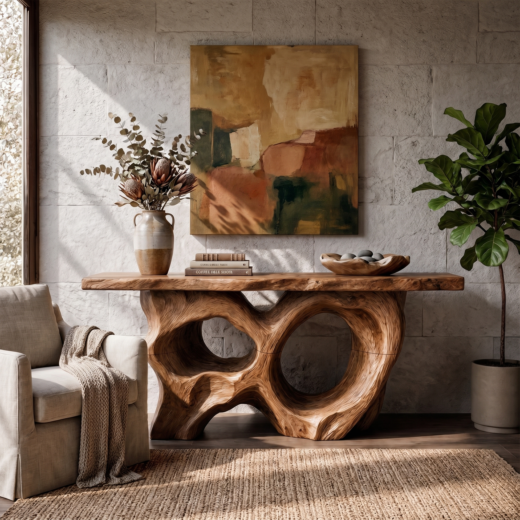 Modern Console Table With Sculptural Asymmetrical Wood Base  For Living Room
