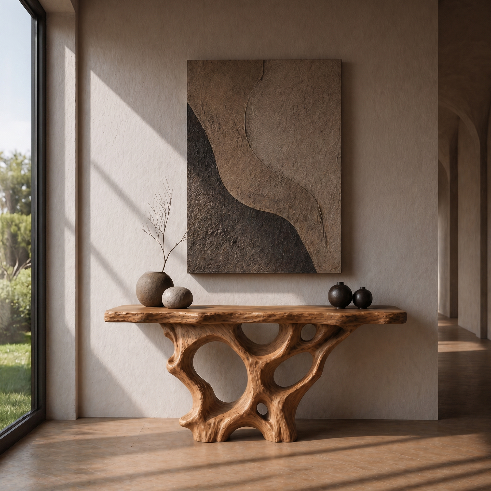 Organic Unique Console Table With Sculptural Natural Wood Base For Living Room
