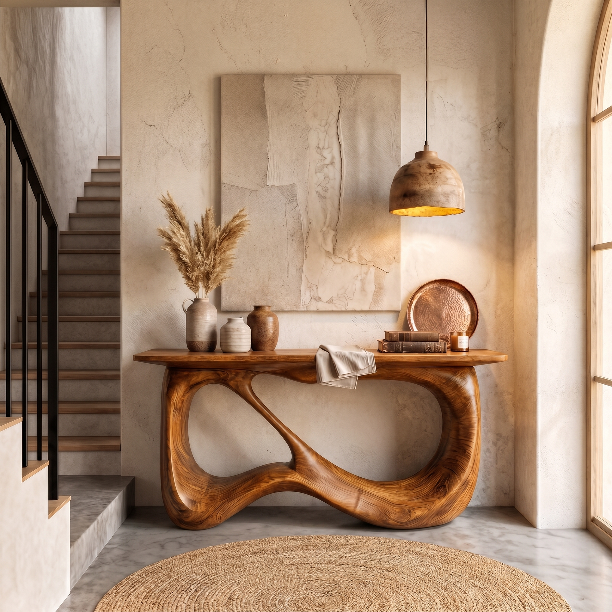 Minimalist Console Table With Flowing Loop Wood Base For Entryway
