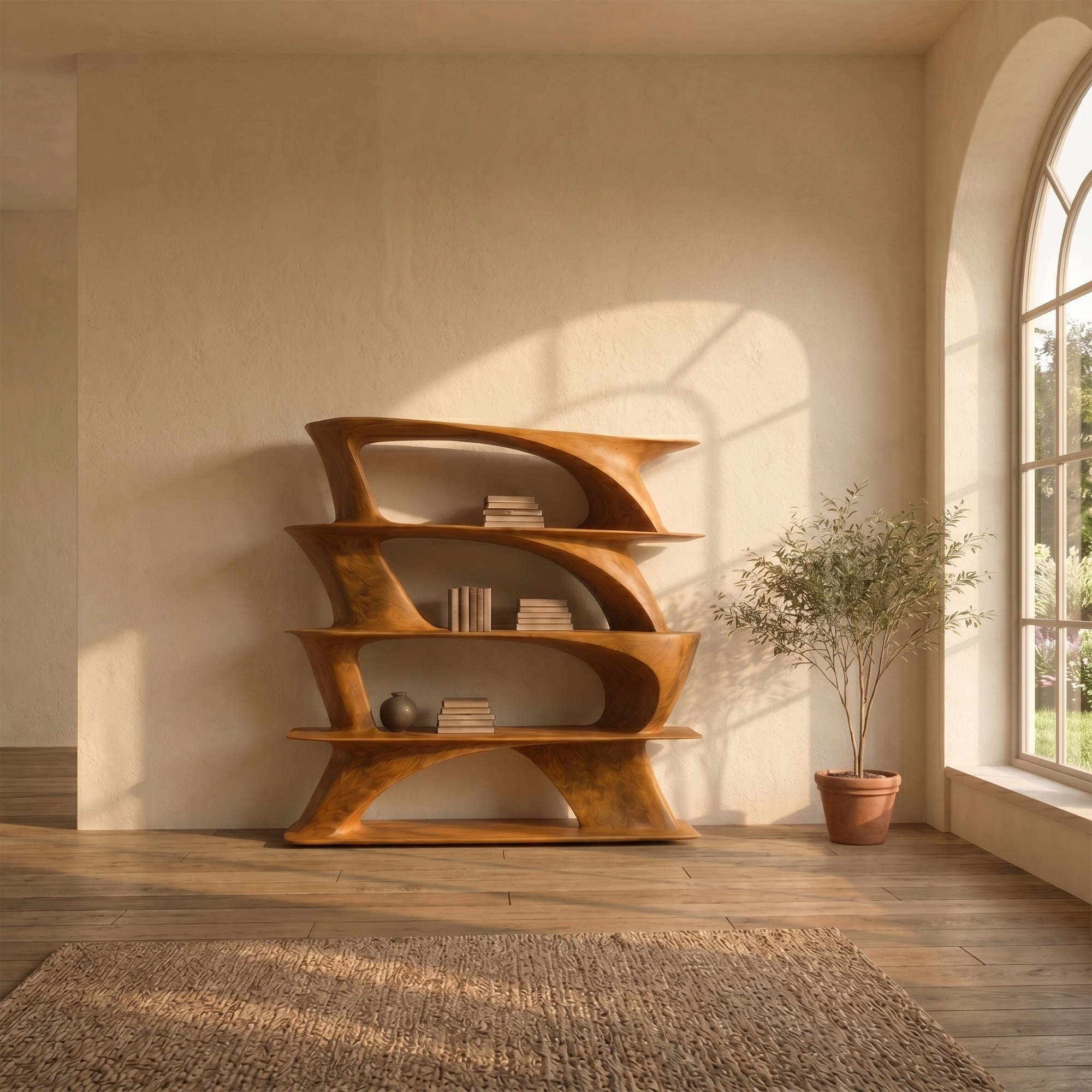 Organic Sculptural Bookshelf With Asymmetrical Open Shelves For Living Room