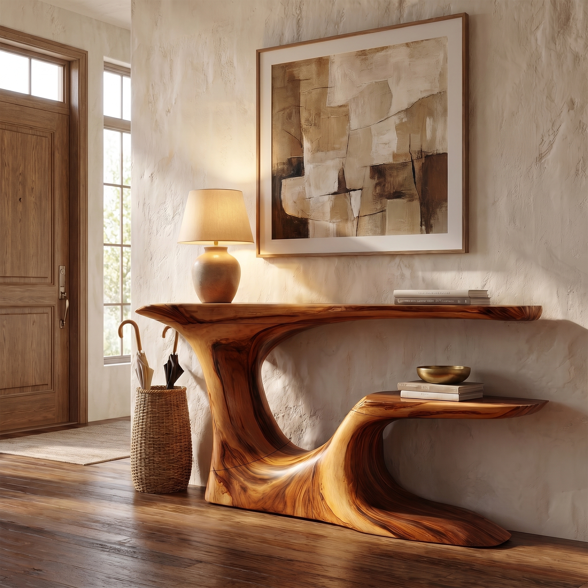 Rustic Organic Console Table With Live Edge Top And Sculptural Solid Wood Base For Entryway