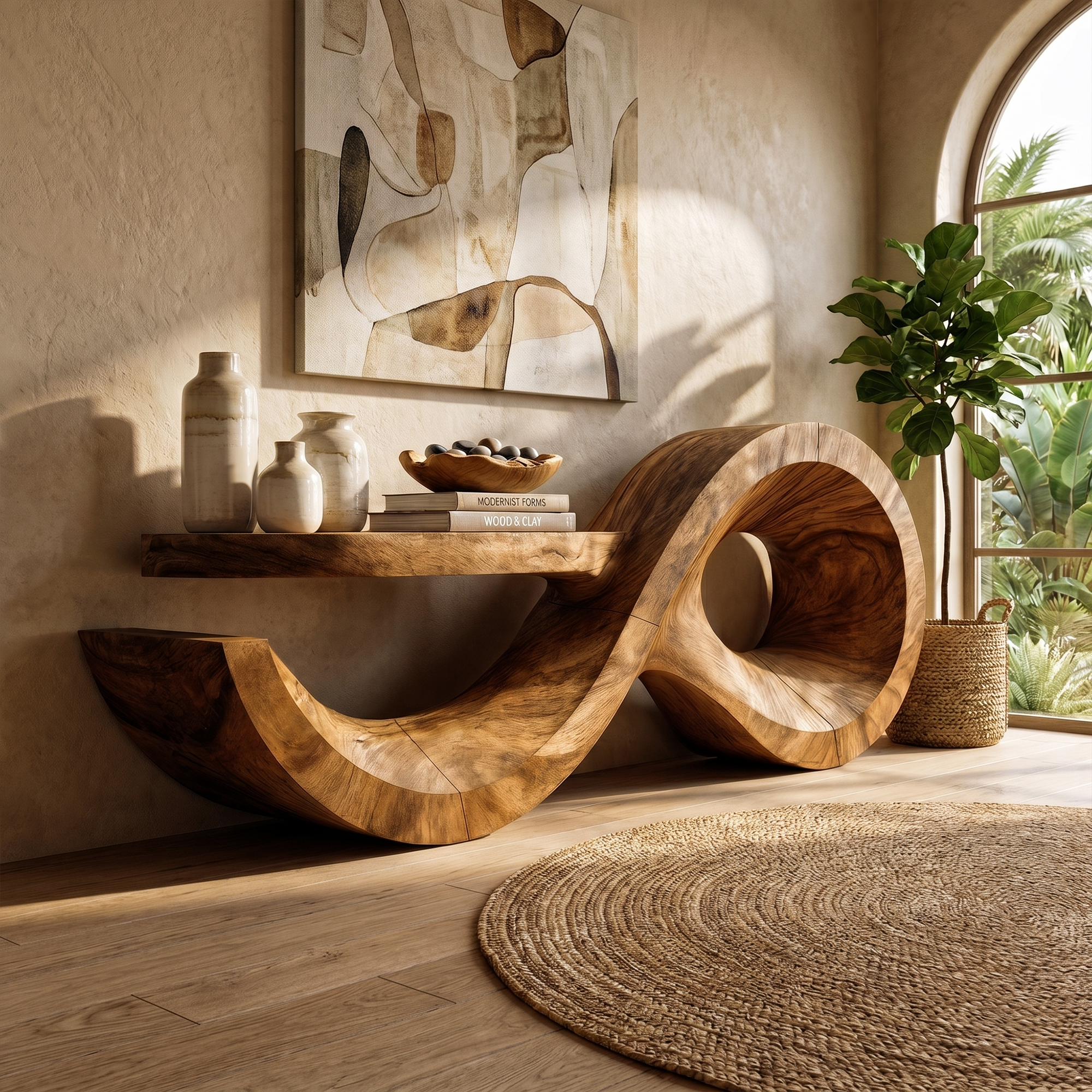 Contemporary Console Table With Sculptural Wave Wood Base And Solid Wood Top For Living Room