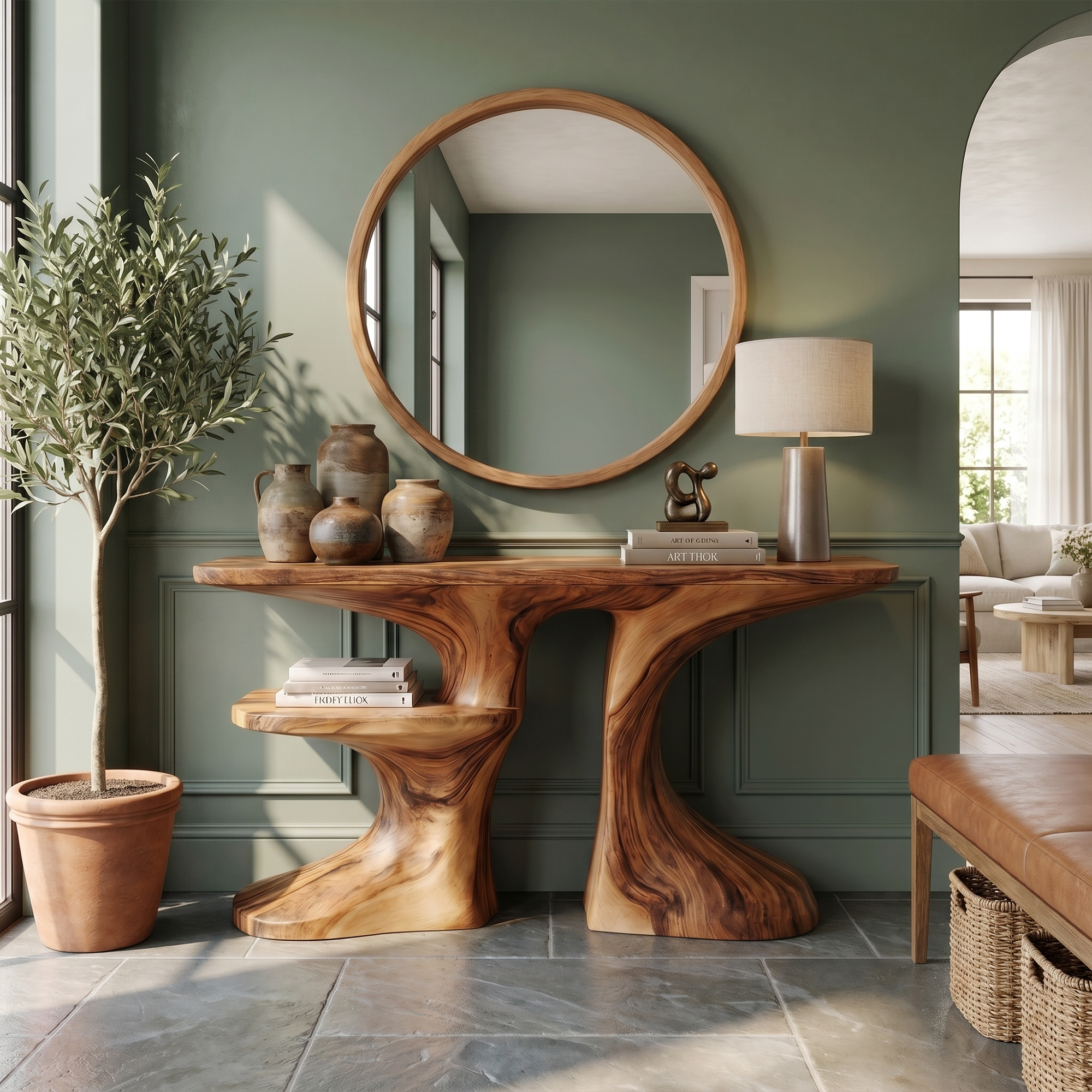 Organic Console Table With Live Edge Countertop And Sculptural Solid Wood Base For Entryway