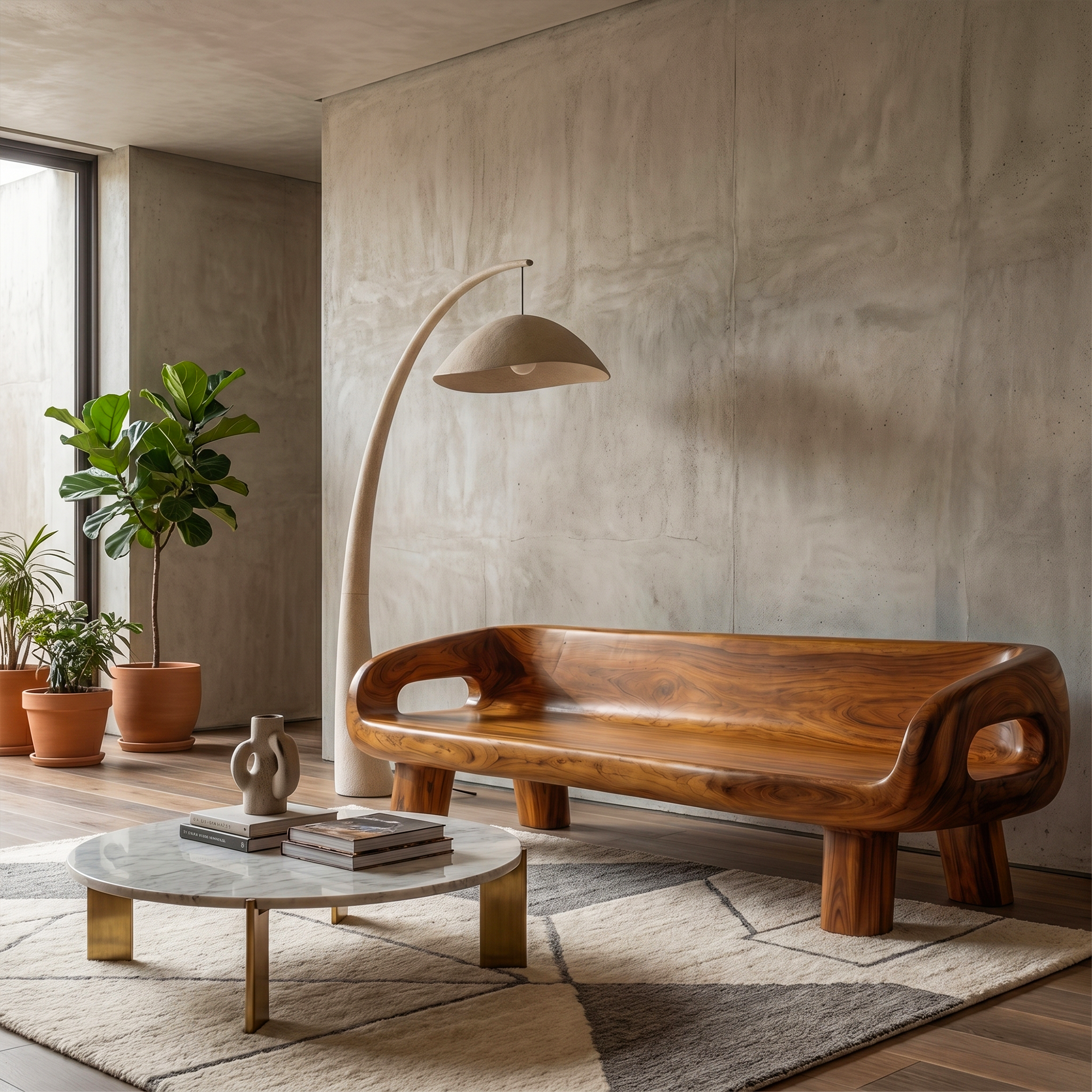 Modern Organic Sofa Frame With Curved Solid Wood Design And Integrated Side Table For Living Room