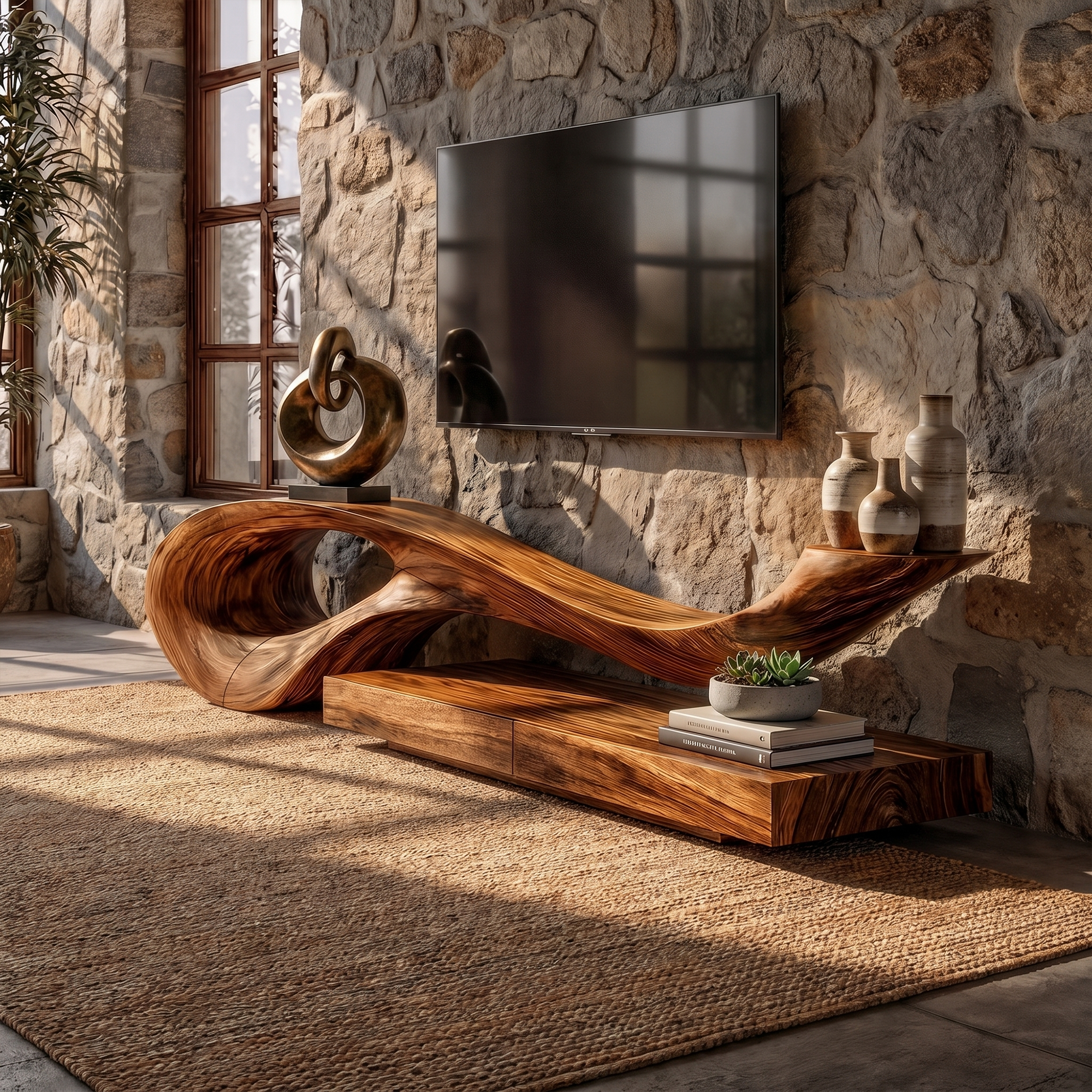 Sculptural TV Cabinet With Unique Flowing Curve Wood Base And Solid Wood Media Console For Living Room