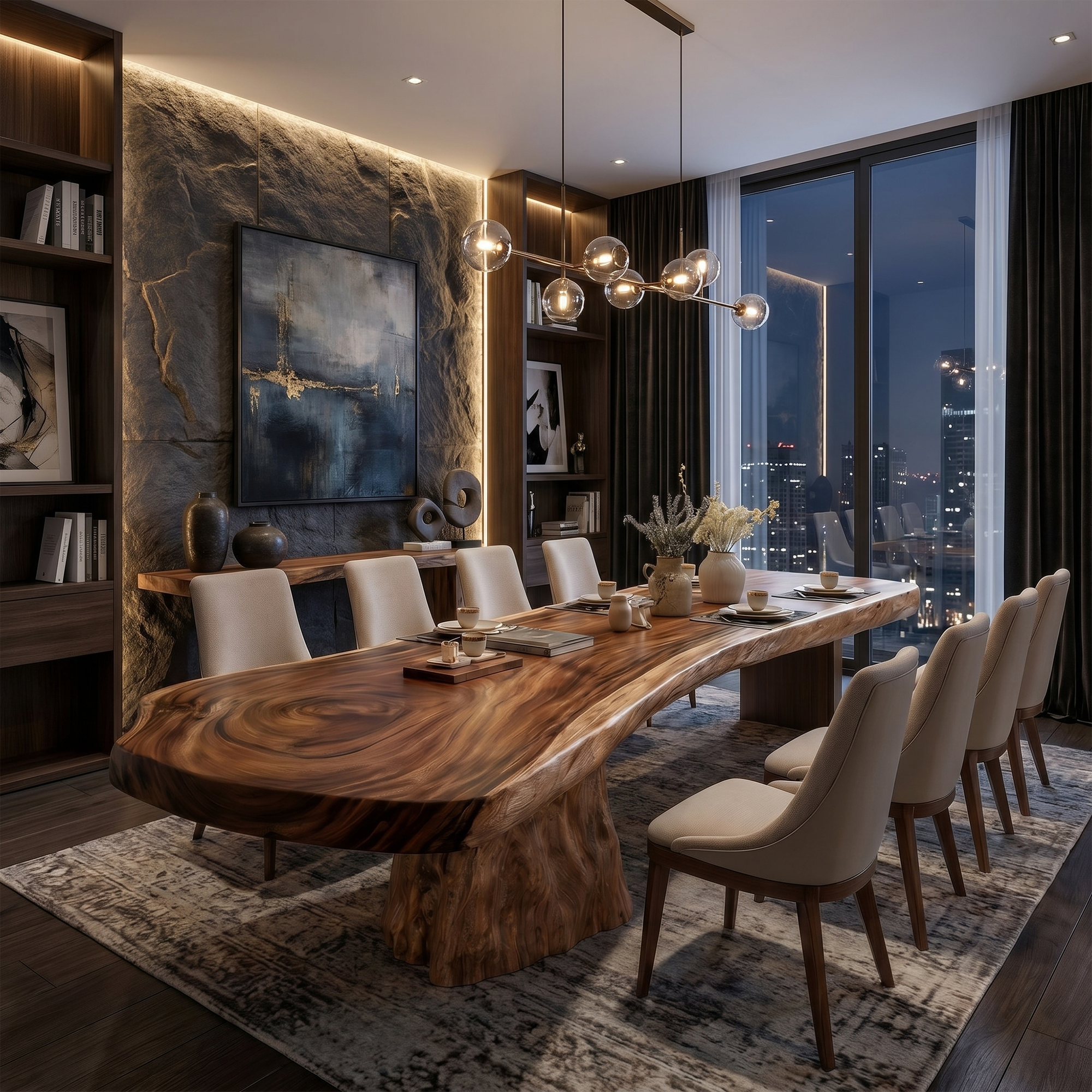 Organic Sculptural Dining Table With Live Edge Solid Wood Top And Pedestal Base For Dining Room