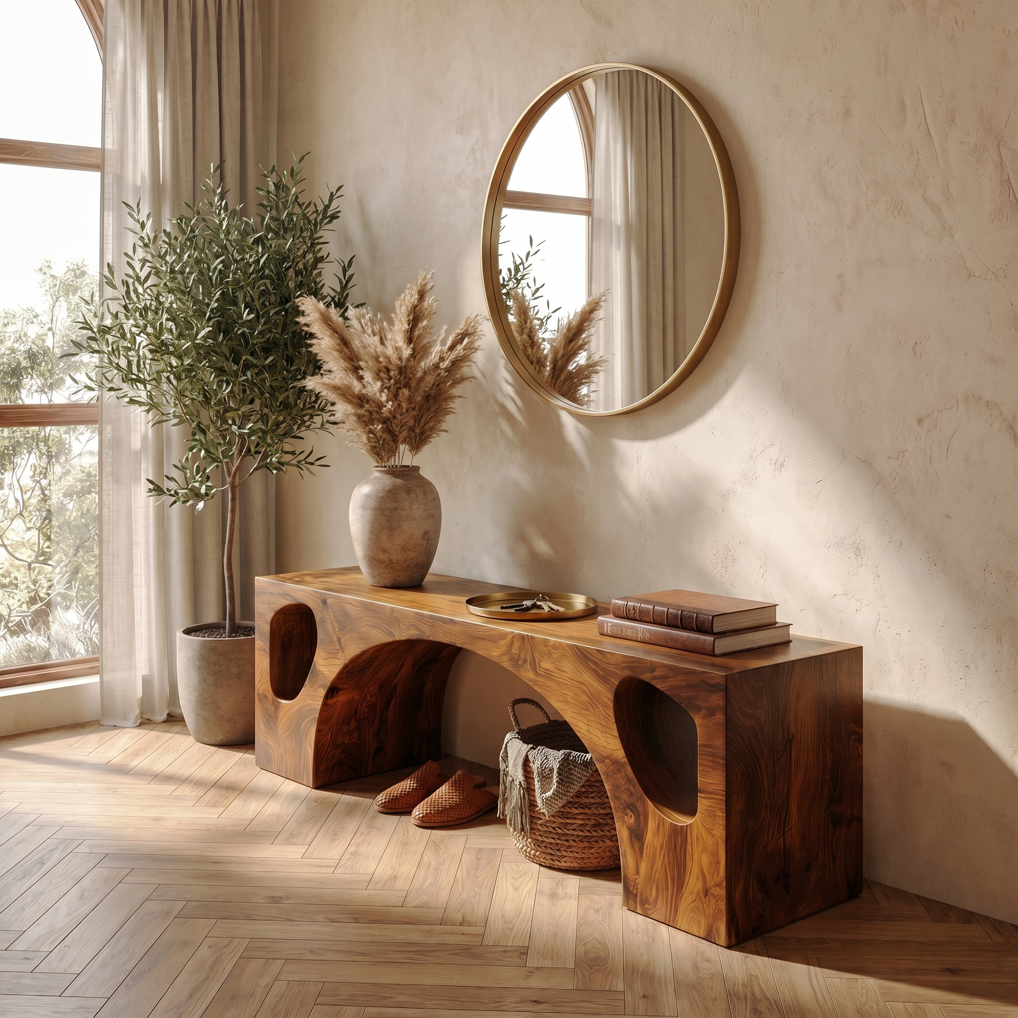 Modern Organic Bench With Sculptural Arch Base For Entryway