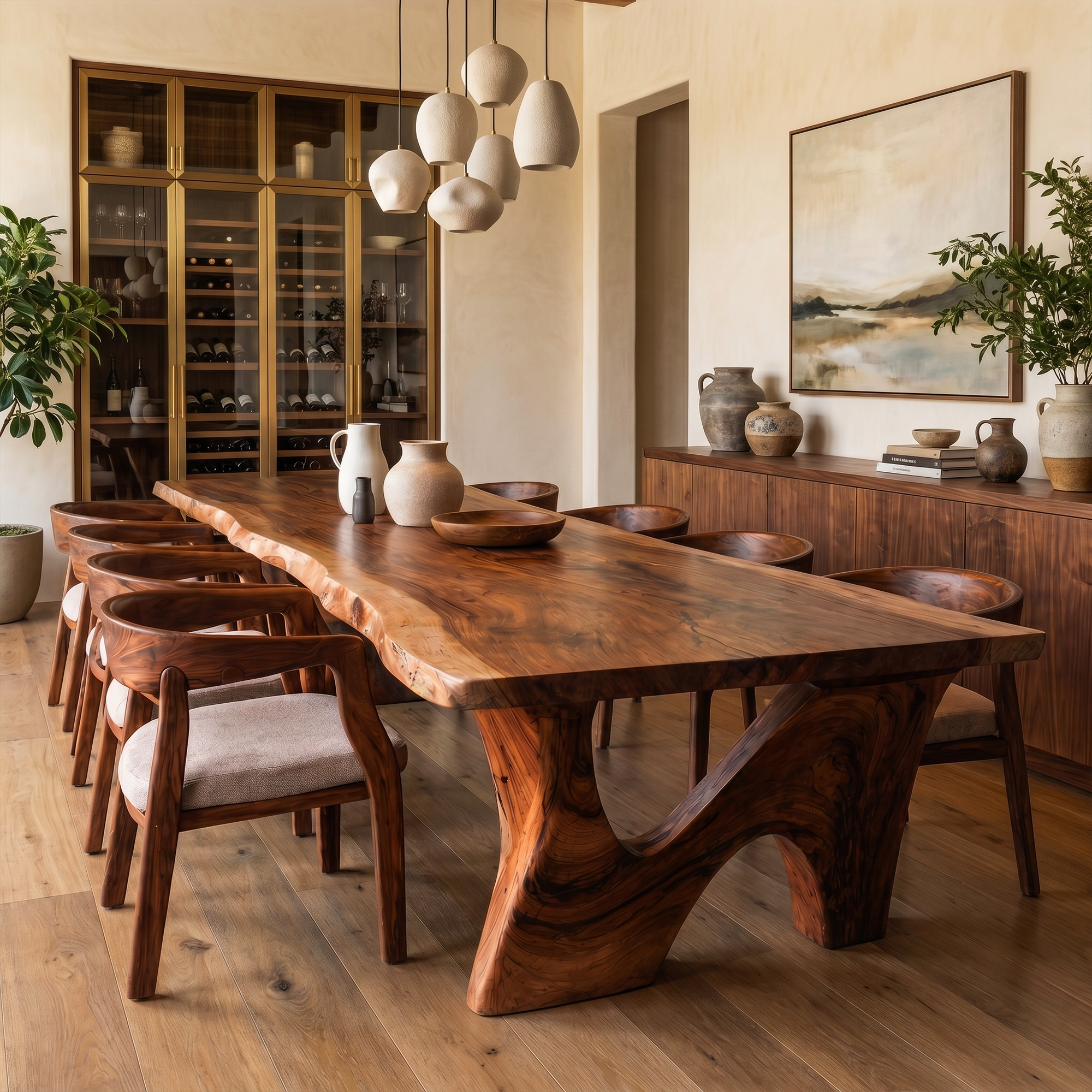 Rustic Modern Dining Table With Solid Wood Top And Sculptural Curved Base For Dining Room