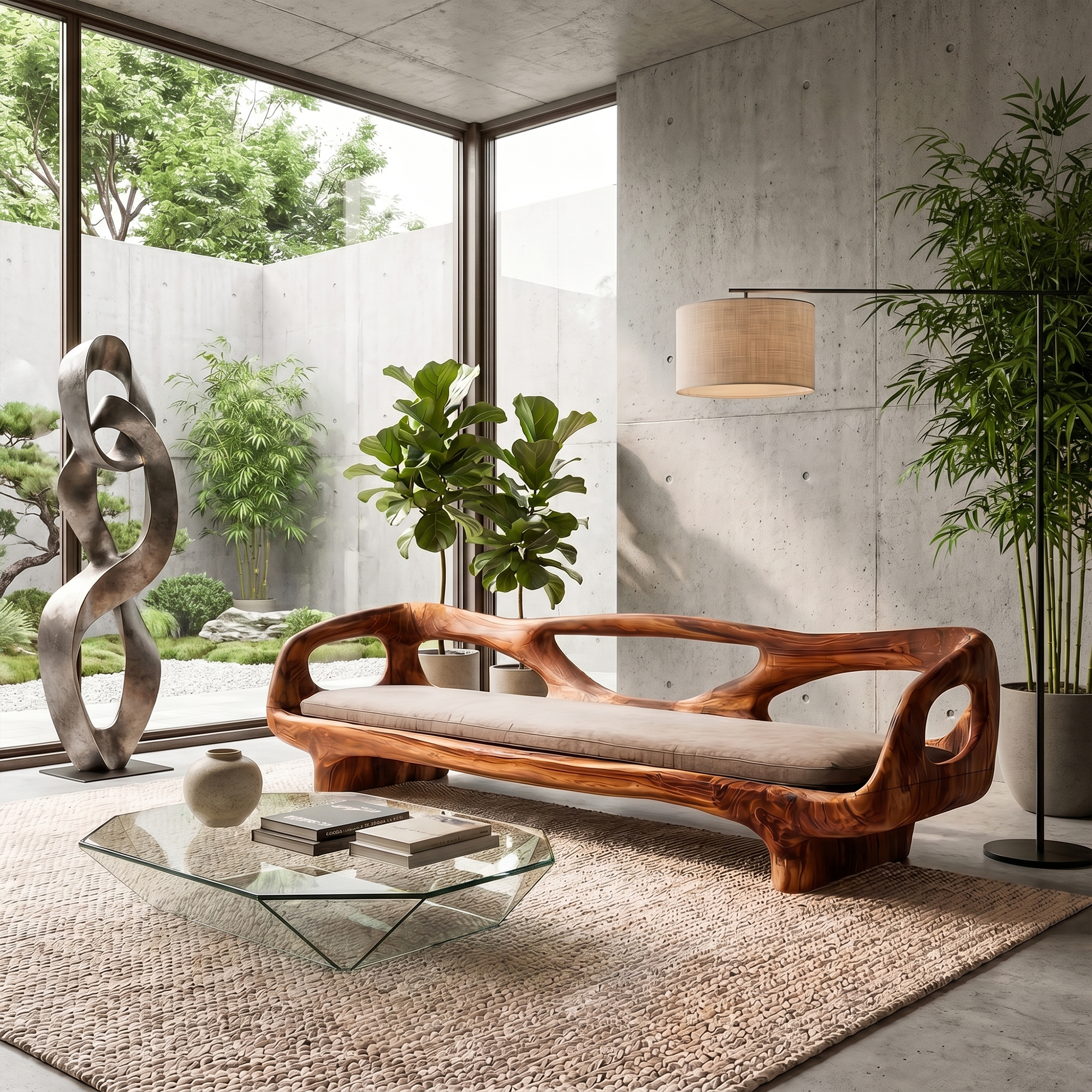 Organic Sculptural Sofa Frame With Curved Open Arm Design For Living Room