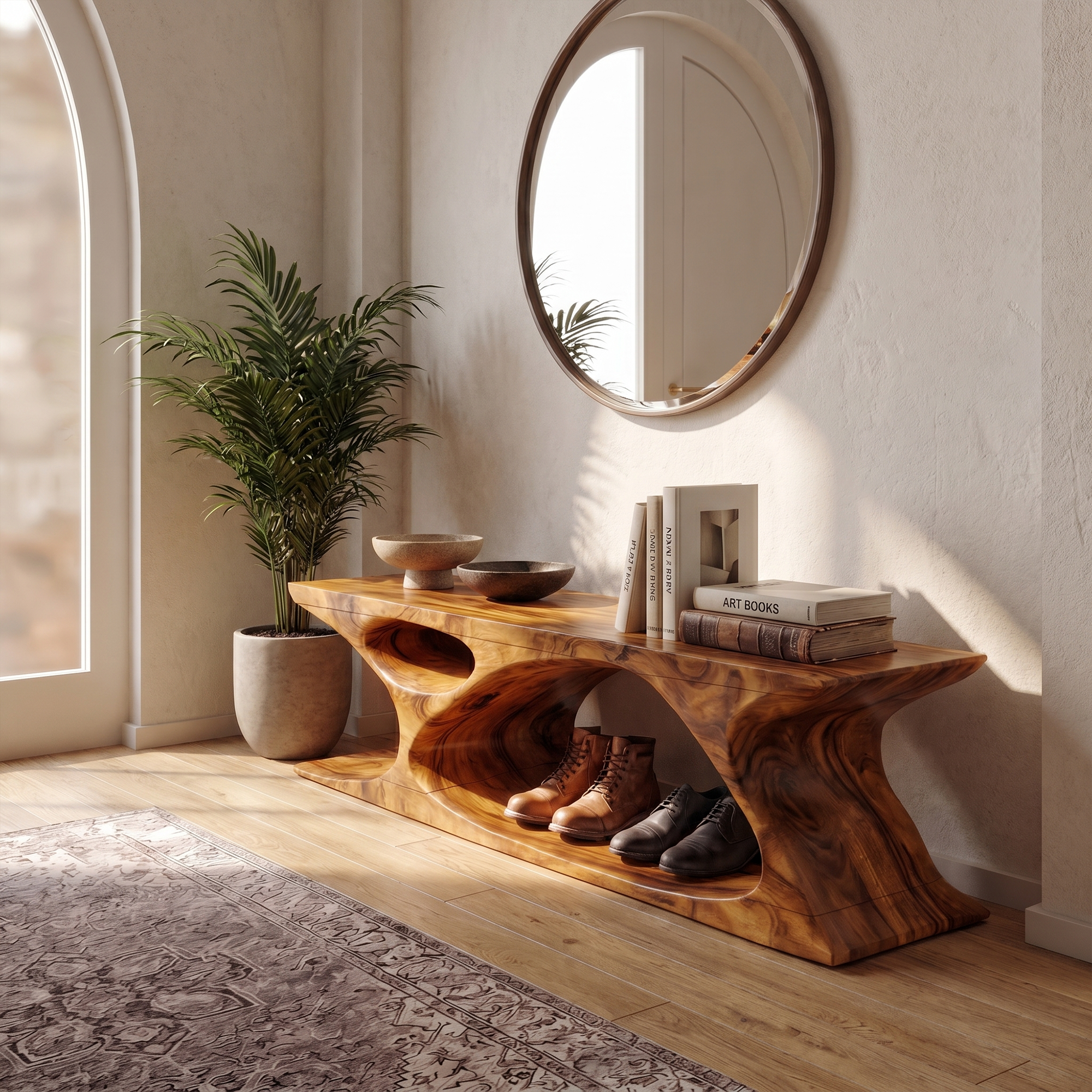 Modern Bench With Sculptural Open Base And Built In Shoe Storage For Entryway