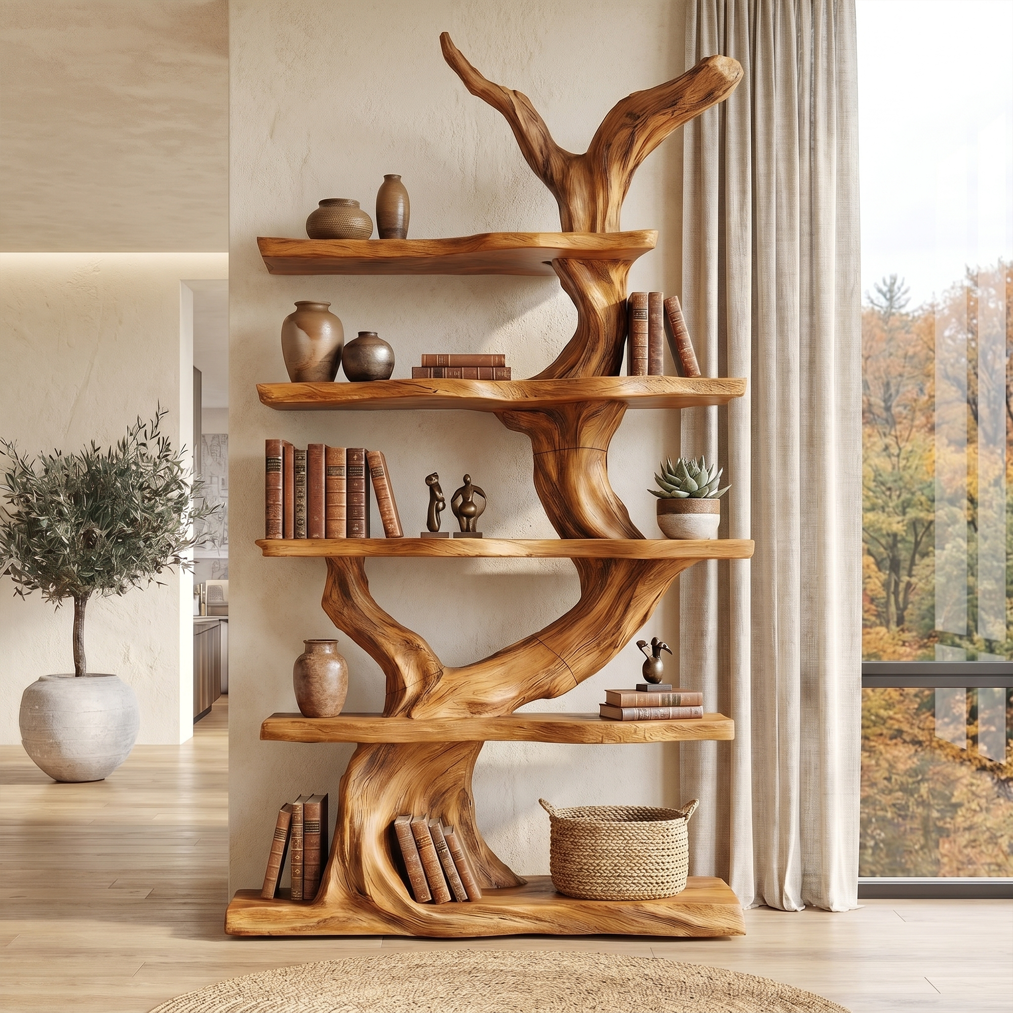 Organic Tree Bookshelf With Sculptural Branch Design And Open Display Shelves For Living Room