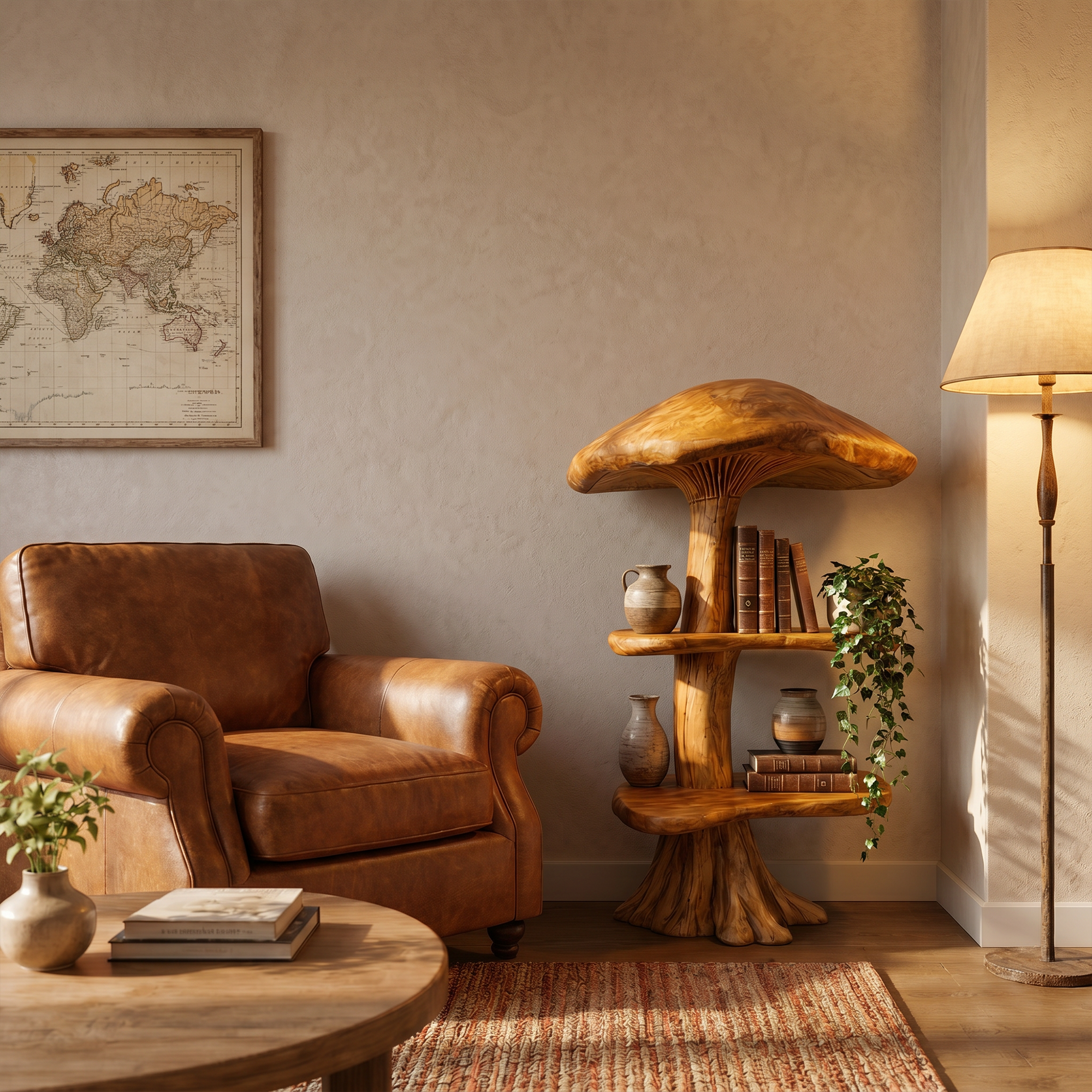 Organic Mushroom Display Bookshelf With Solid Wood Shelving For Living Room