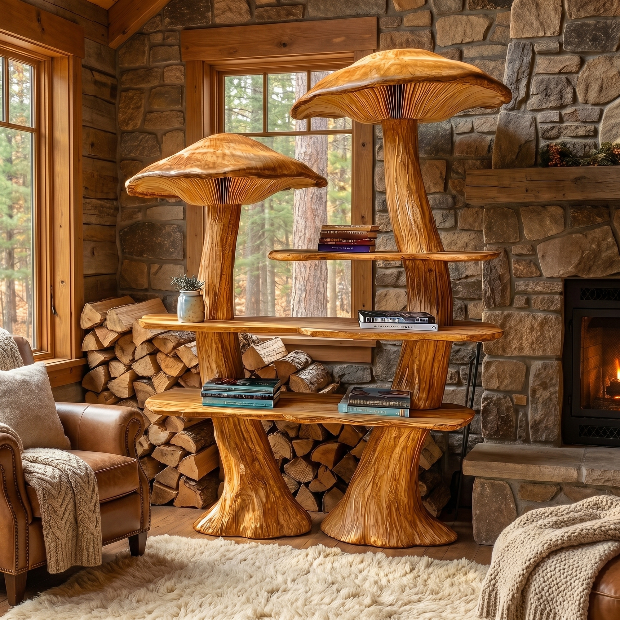 Rustic Mushroom Bookshelf With Tree Trunk Base And Solid Wood Shelves For Living Room