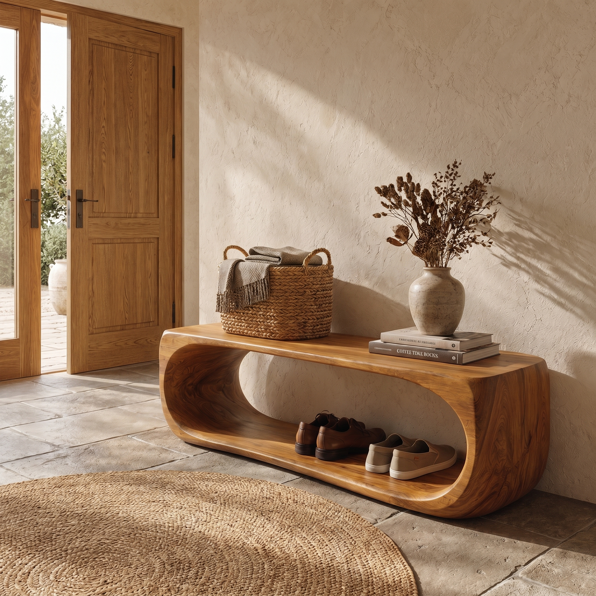Organic Bench With Sculptural Curved Base And Open Storage Shelf For Entryway