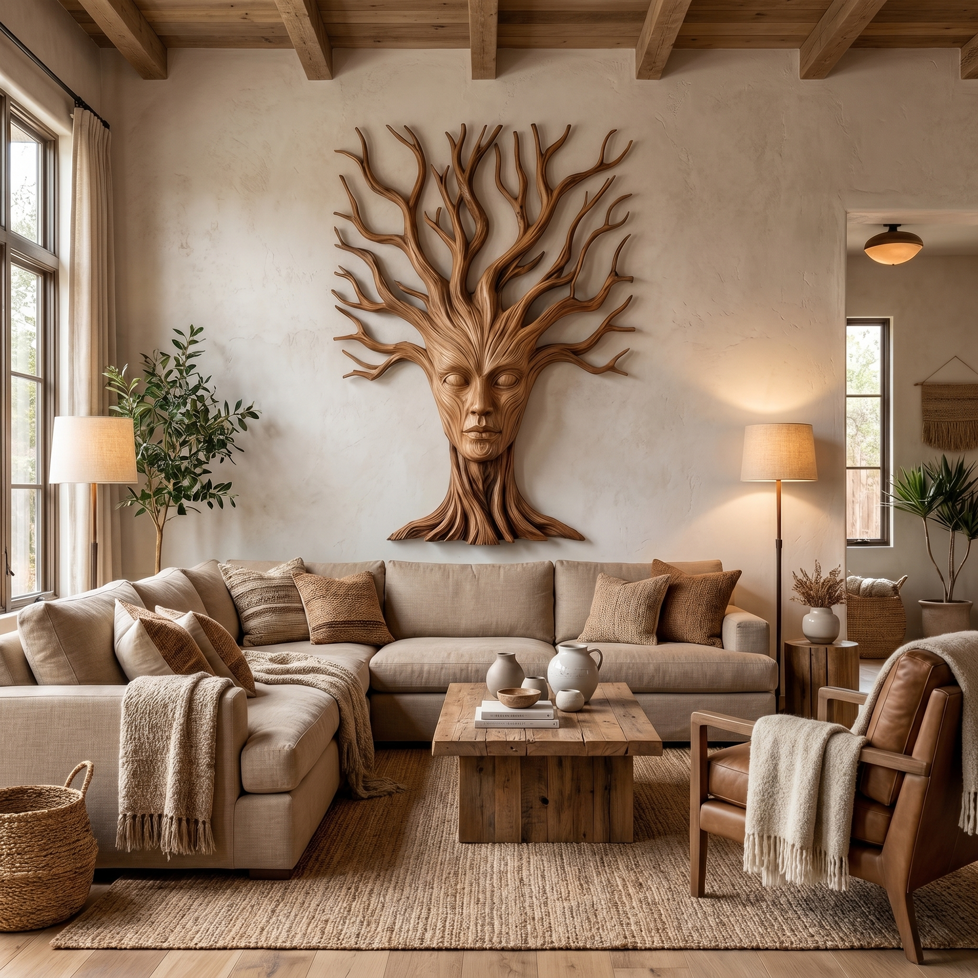 Mystical Tree Spirit Wooden Wall Art With Sculptural Face Design For Entryway And Living Room