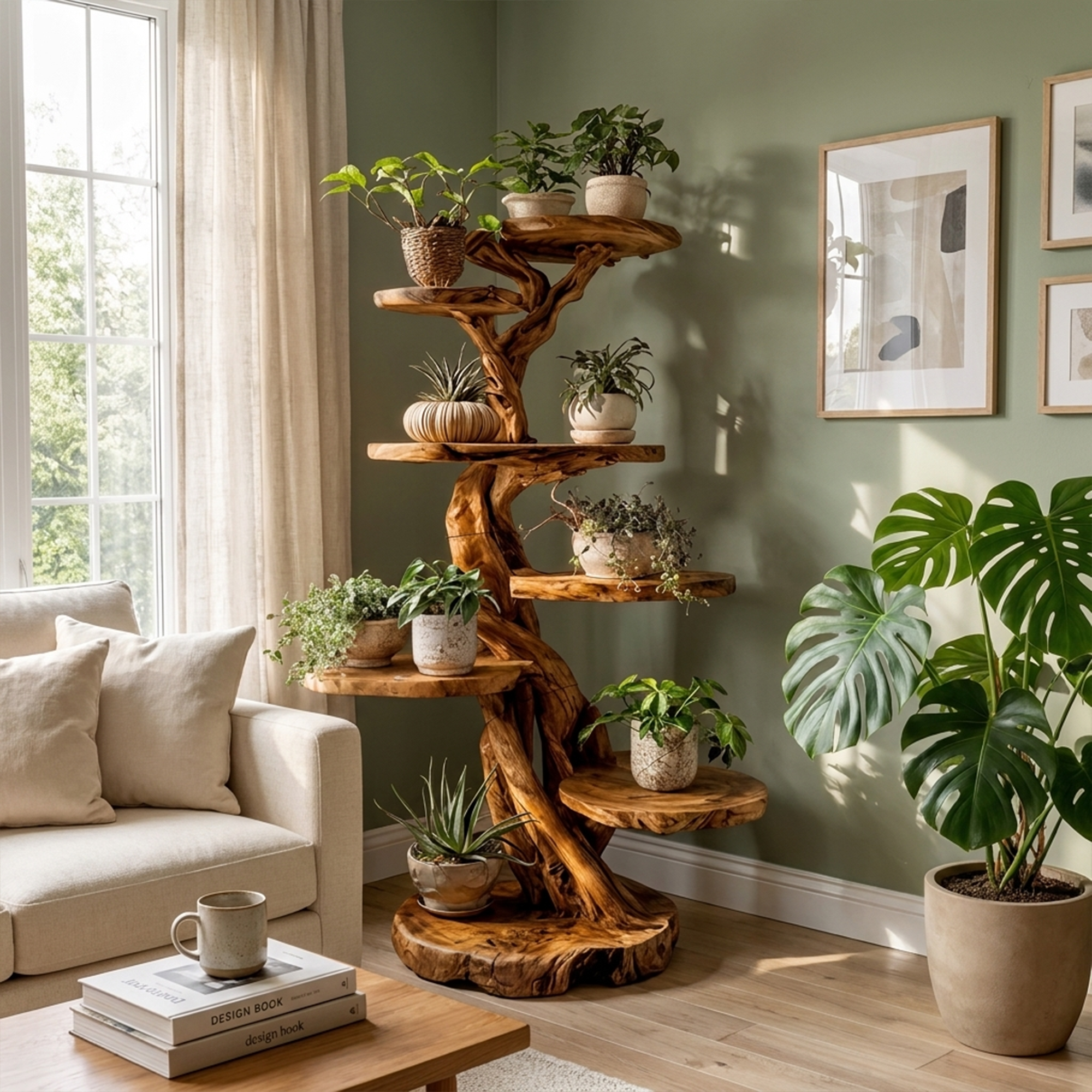 Rustic Tree Plant Shelf Natural Interior Design Home Decor