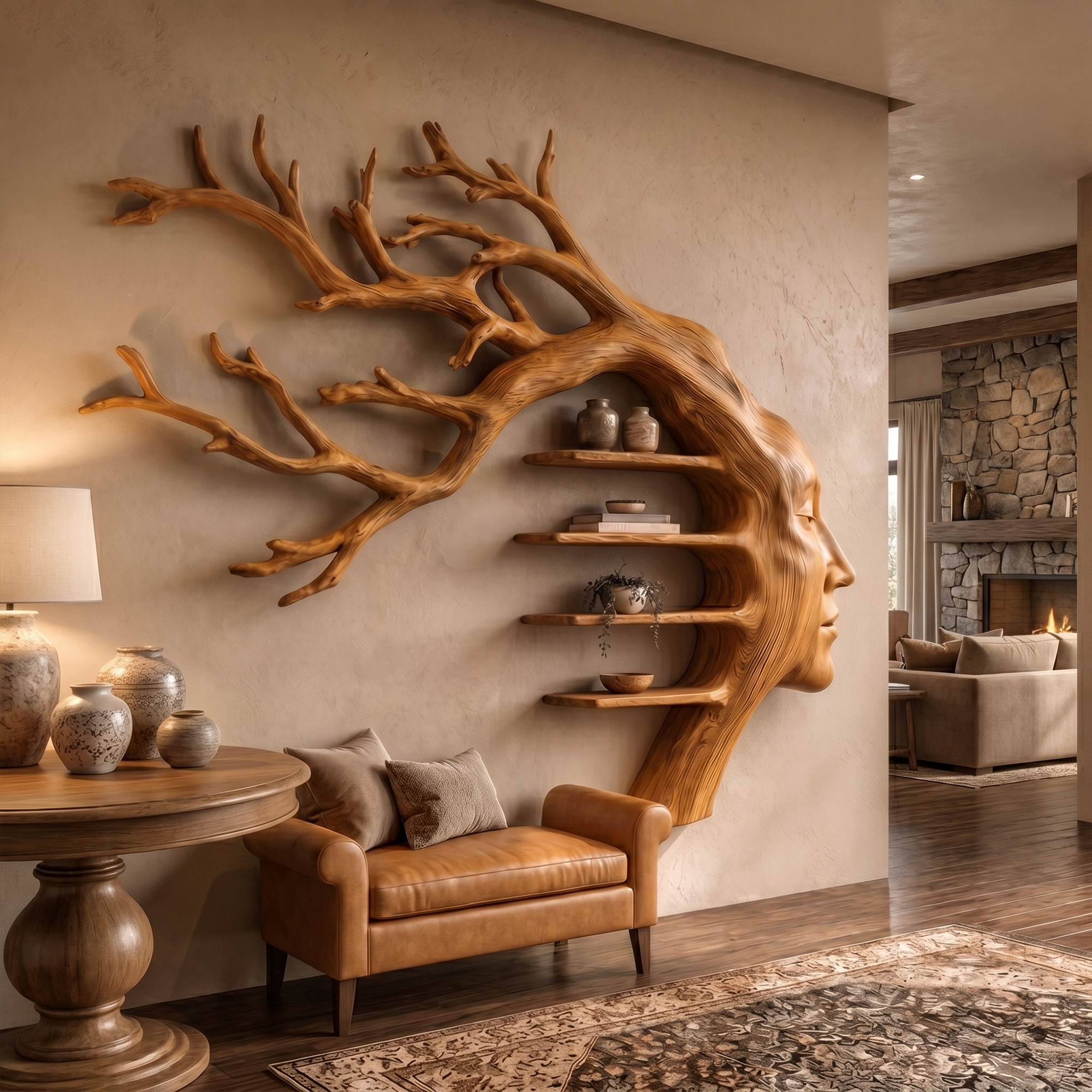 Rustic Tree Branch Wooden Wall Art With Floating Shelves For Living Room And Entryway