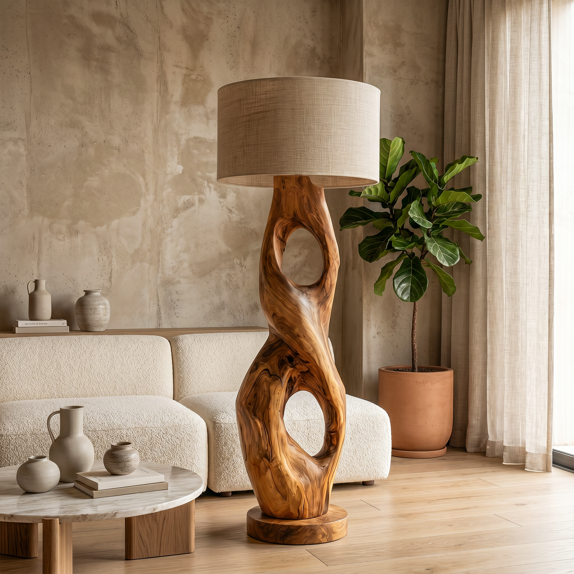 Rustic Floor Lamp With Handcrafted Hollow Wood Sculpture Base For Living Room