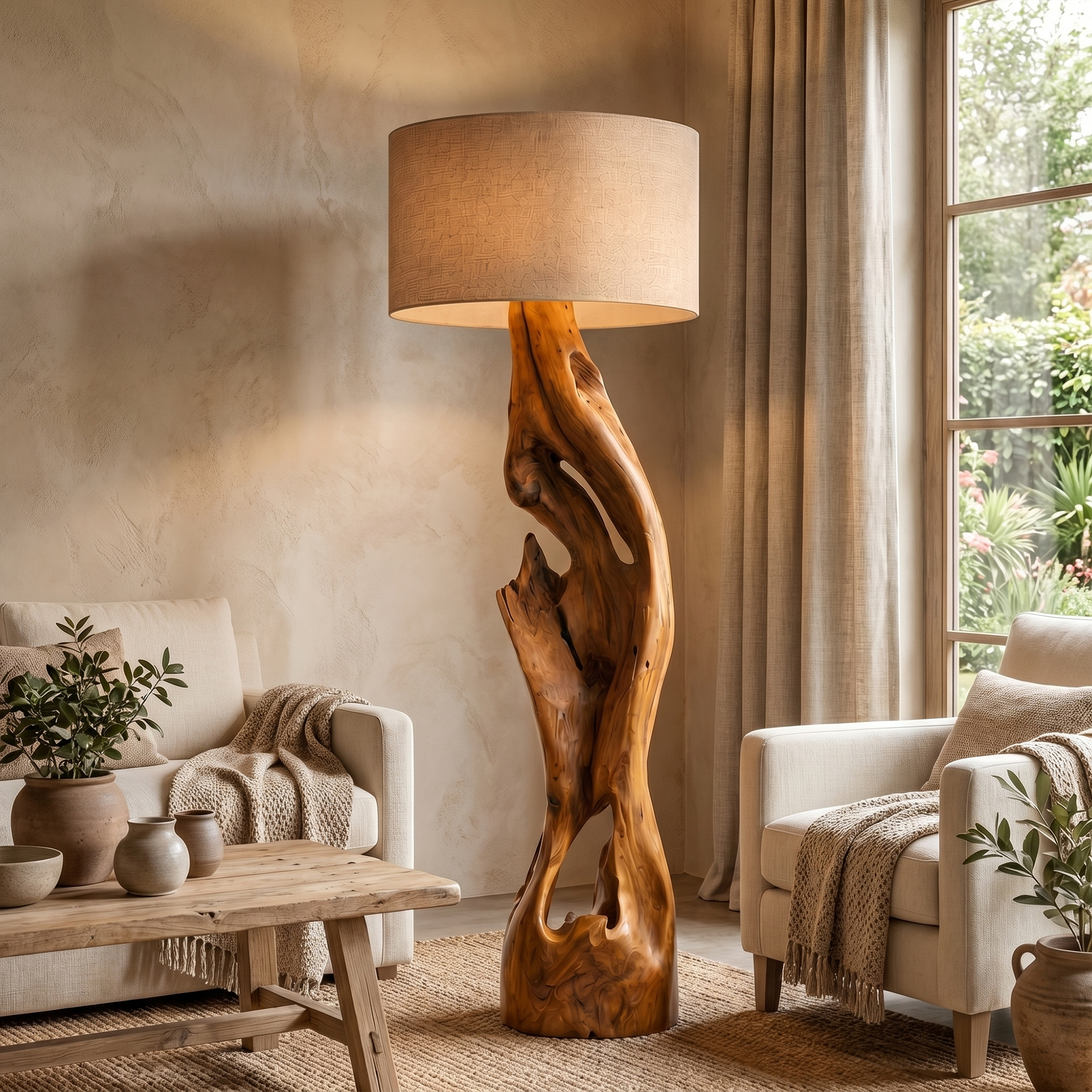 Sculptural Floor Lamp With Solid Wood Open Form Design For Living Room