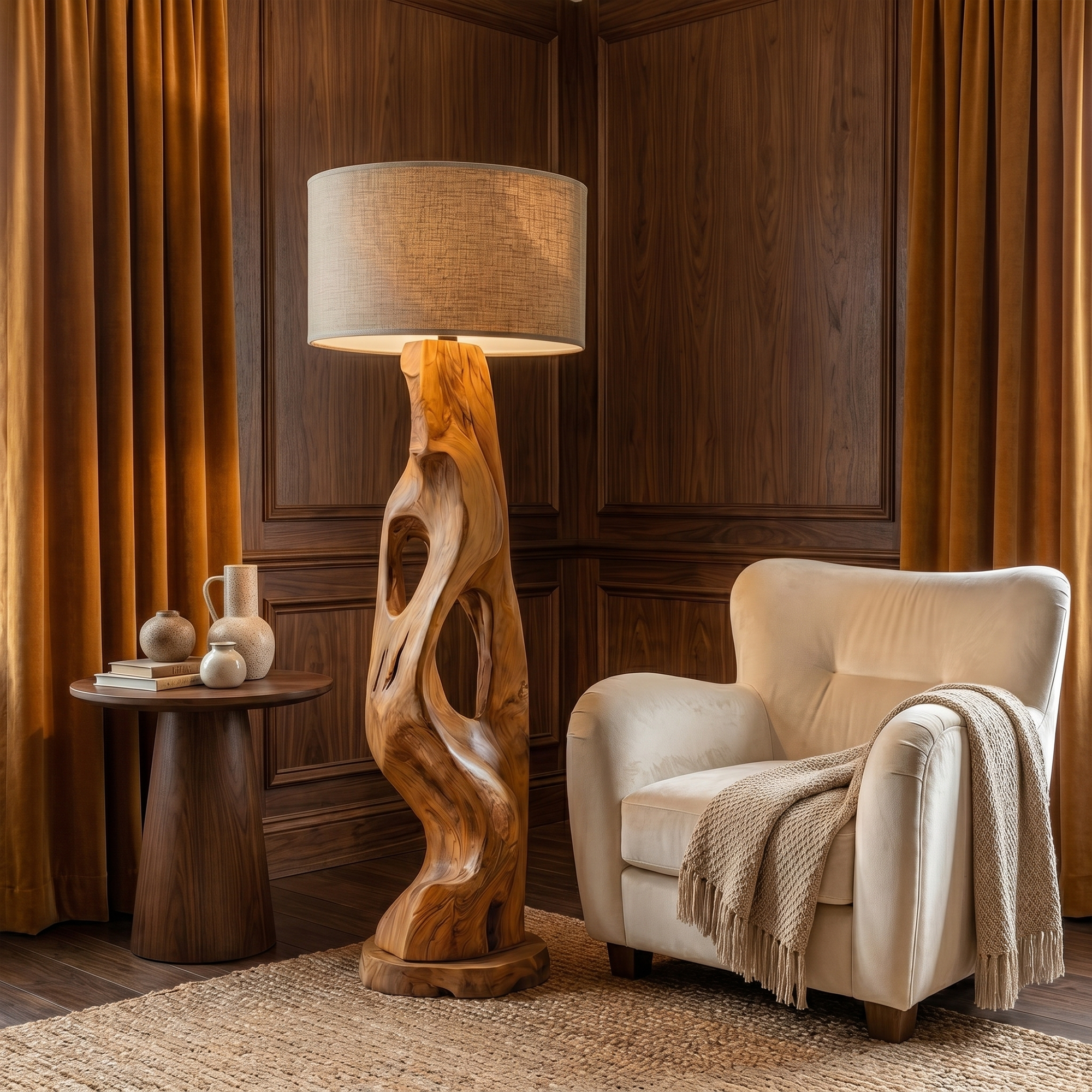 Organic Modern Standing Lamp With Artistic Solid Wood Base For Living Room