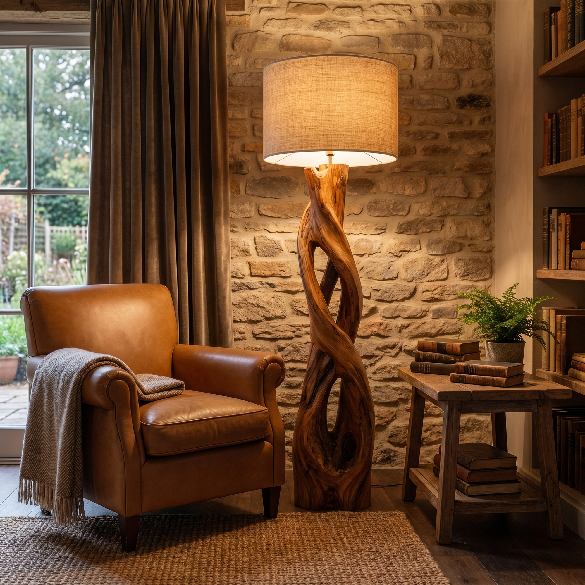 Nature Inspired Floor Lamp With Sculptural Wood Form And Fabric Shade For Living Room