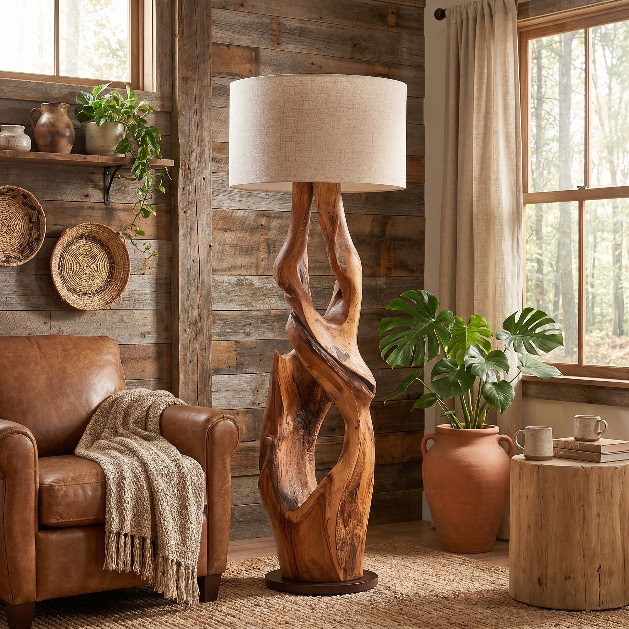 Contemporary Organic Floor Lamp With Artistic Hollow Wood Structure For Living Room