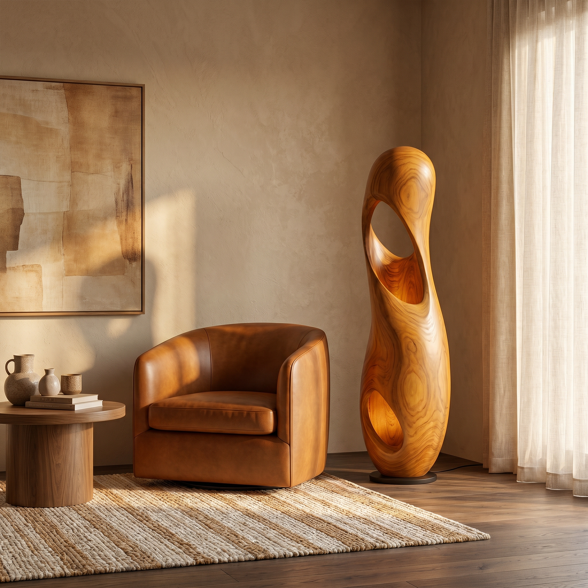 Organic Floor Lamp With Sculptural Hollow Wood Tower Design For Living Room