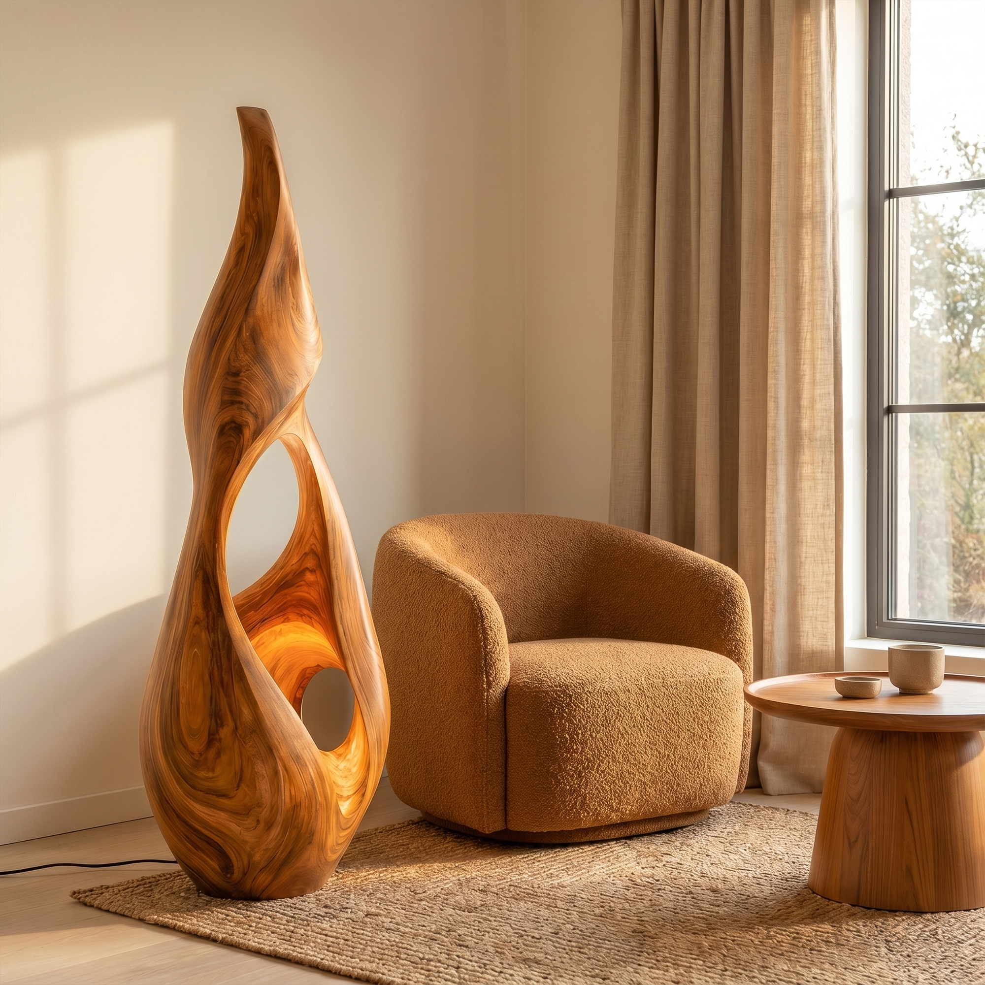 Nature Inspired Floor Lamp With Sculptural Solid Wood Form For Living Room
