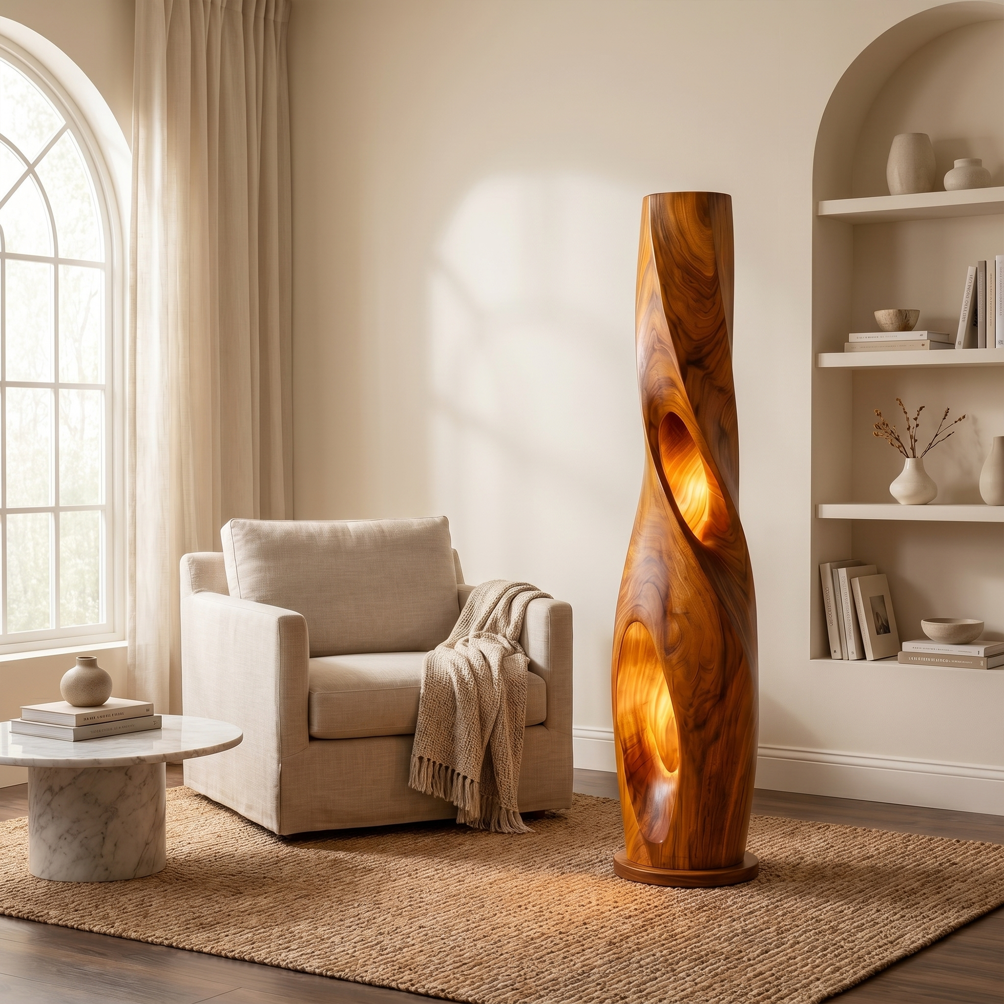 Modern Sculptural Floor Lamp With Hollow Solid Wood Design For Living Room