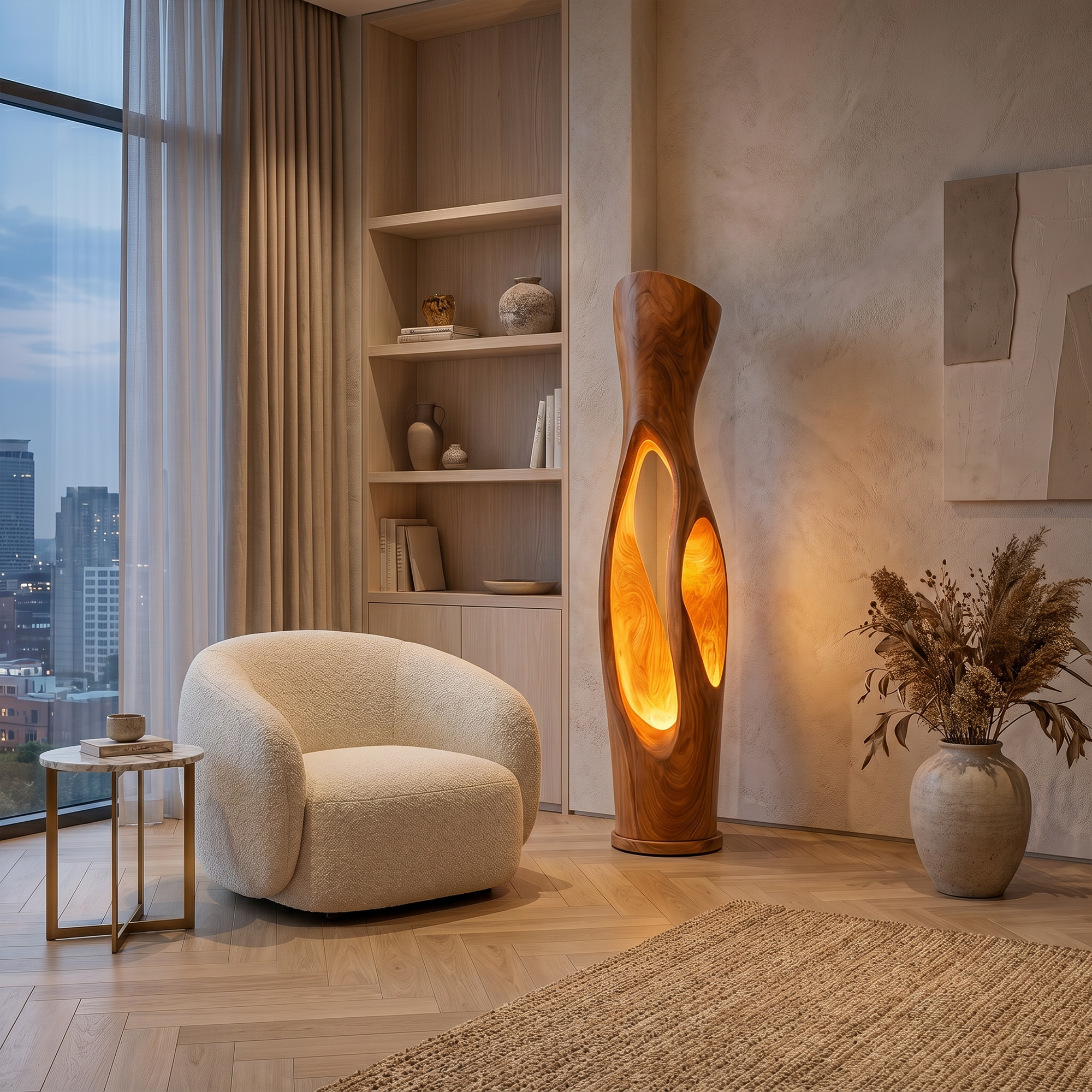 Modern Organic Floor Lamp With Illuminated Hollow Wood Design For Living Room