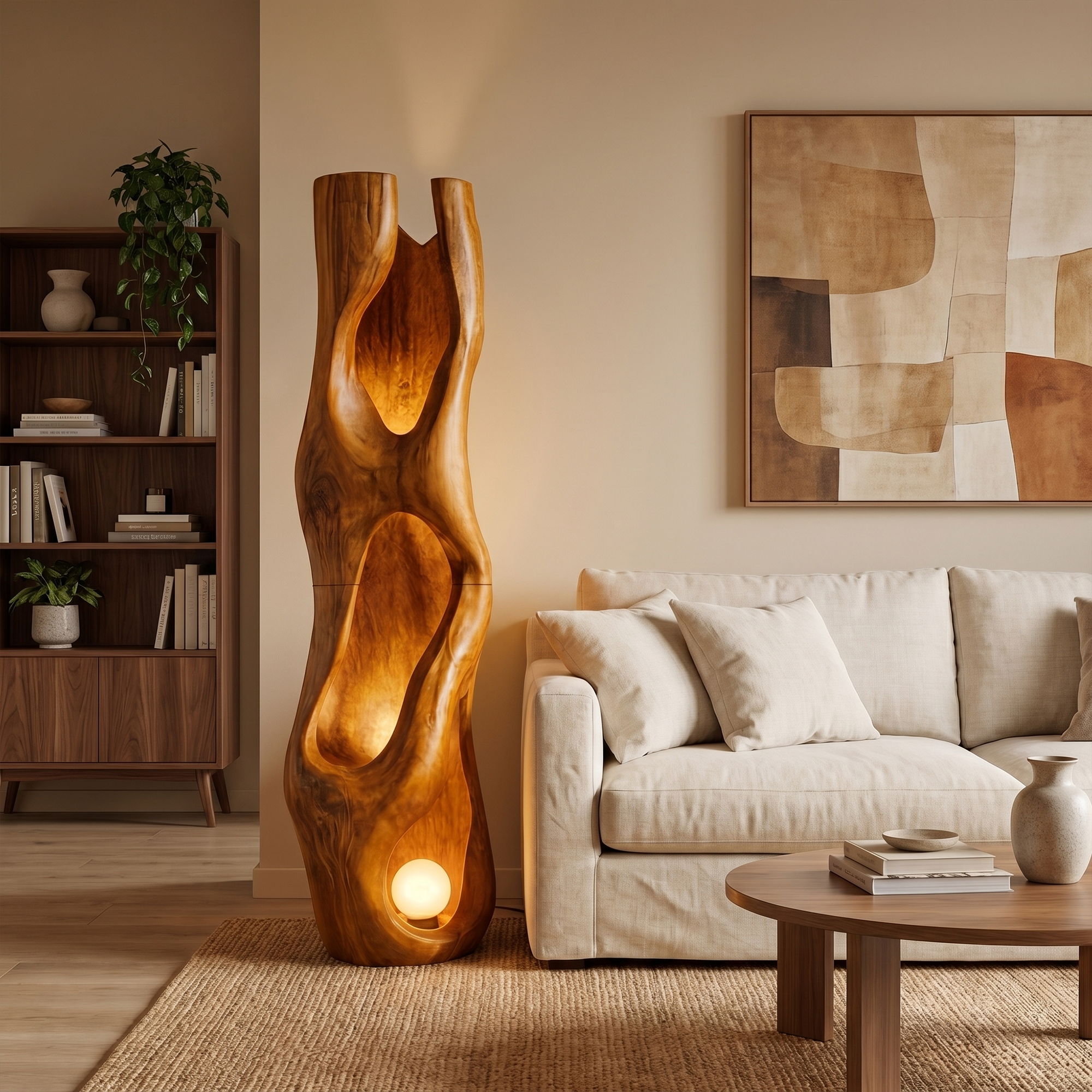 Nature Inspired Floor Lamp Carved Wood Sculpture For Living Room