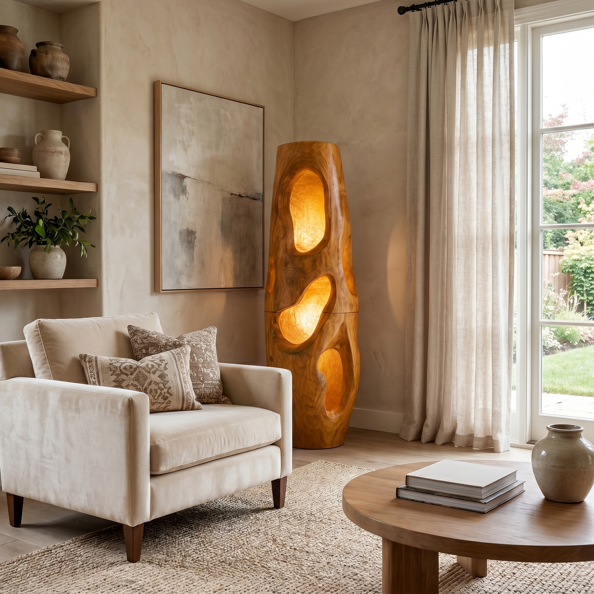 Sculptural Floor Lamp Natural Wood Form For Living Room