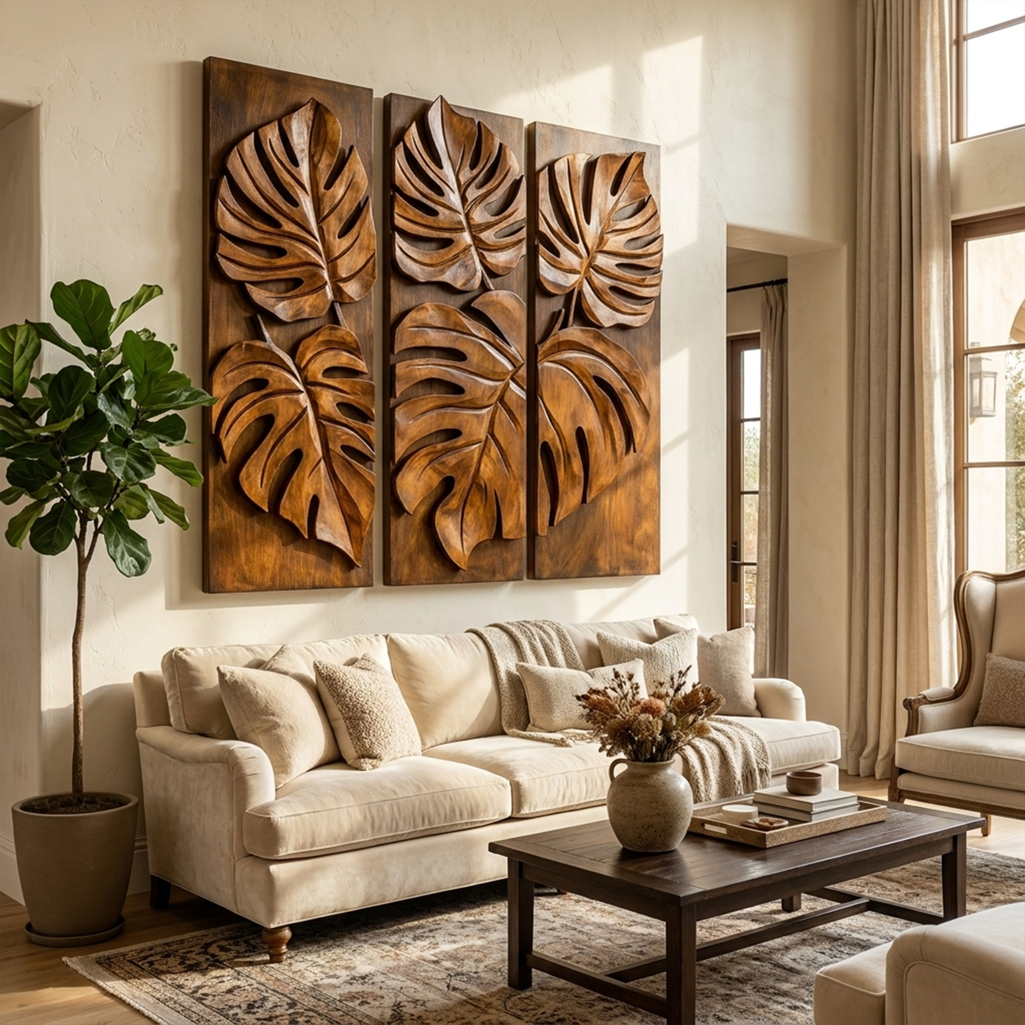 Carved Monstera Leaf Solid Wood Wall Art Triptych Statement Decor