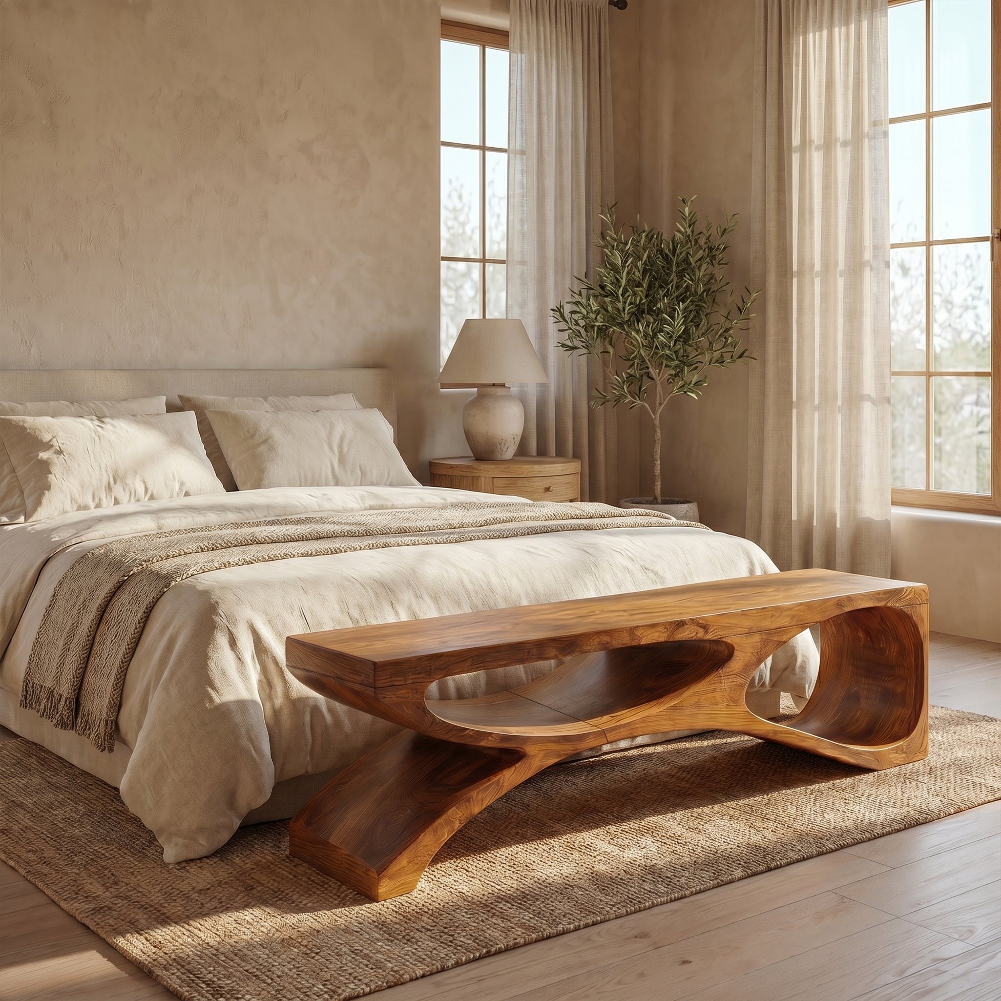Contemporary Bench With Sculptural Open Base For Living Room
