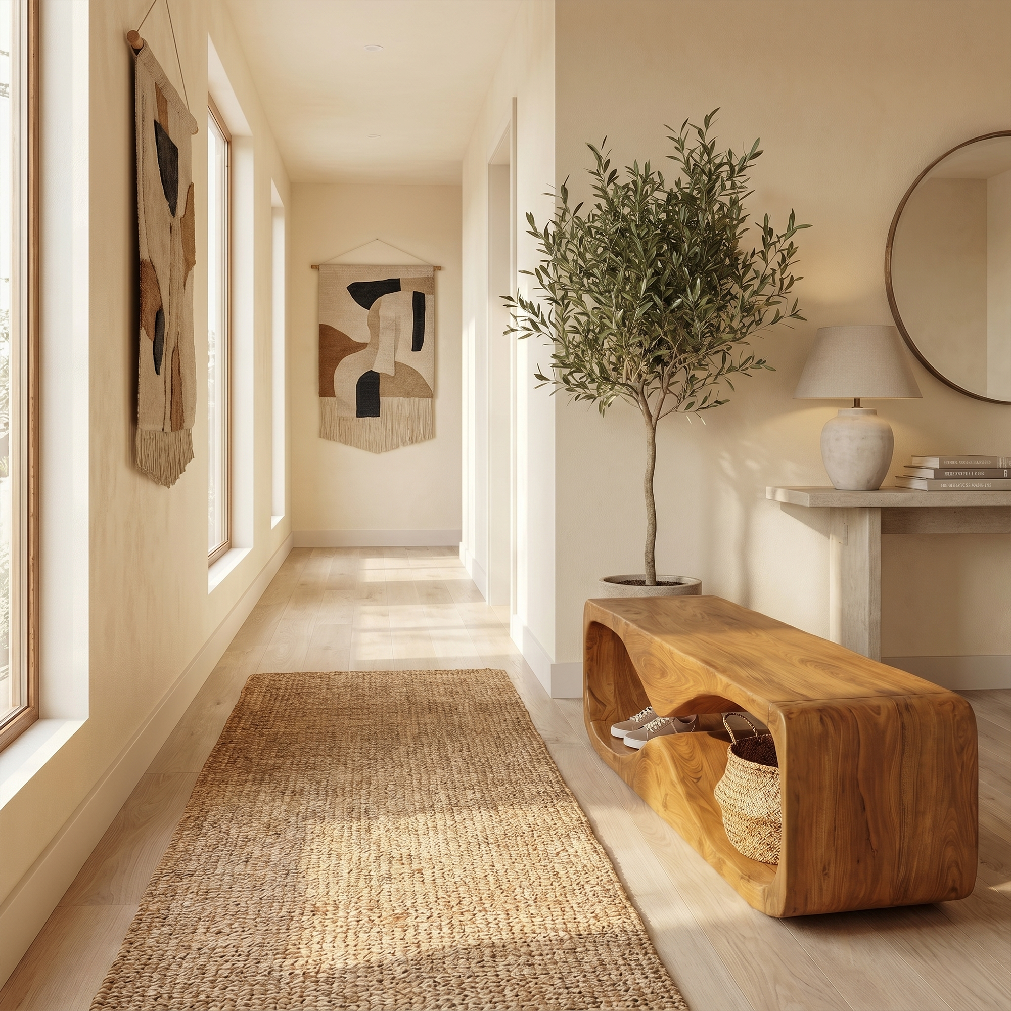 Modern Bench With Open Storage Shelf And Curved Wood Design For Entryway