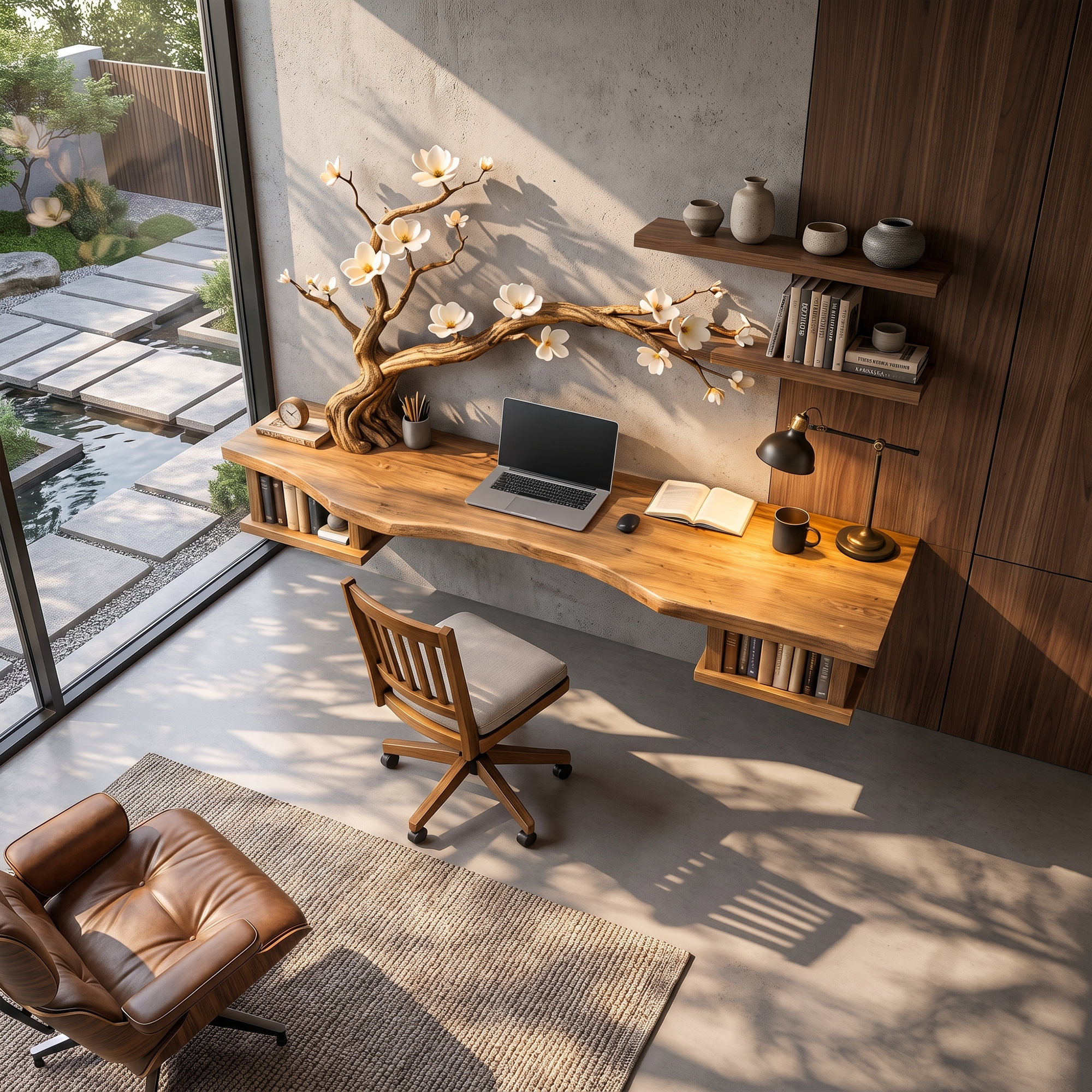 Organic Sculptural Floating Desk With Tree Branch Art For Home Office