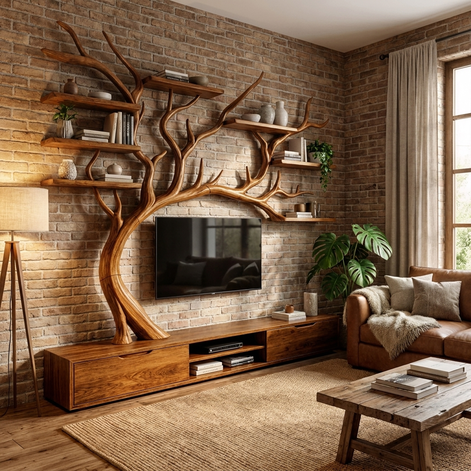 Nature Inspired Tree TV Wall Shelf For Living Room Media Storage And Decor