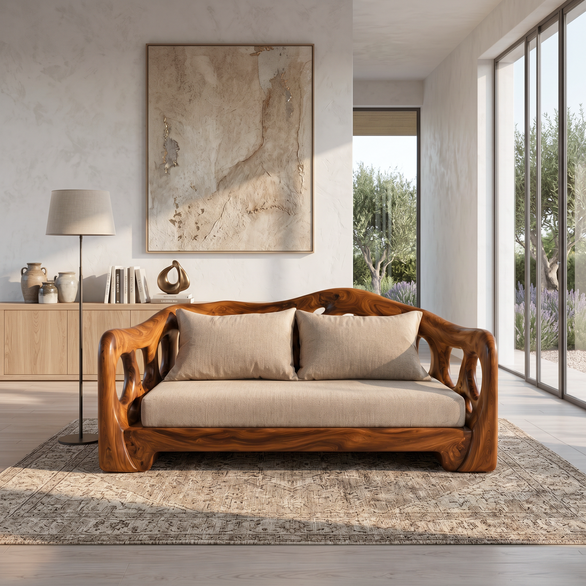 Modern Sofa With Sculptural Solid Wood For Living Room