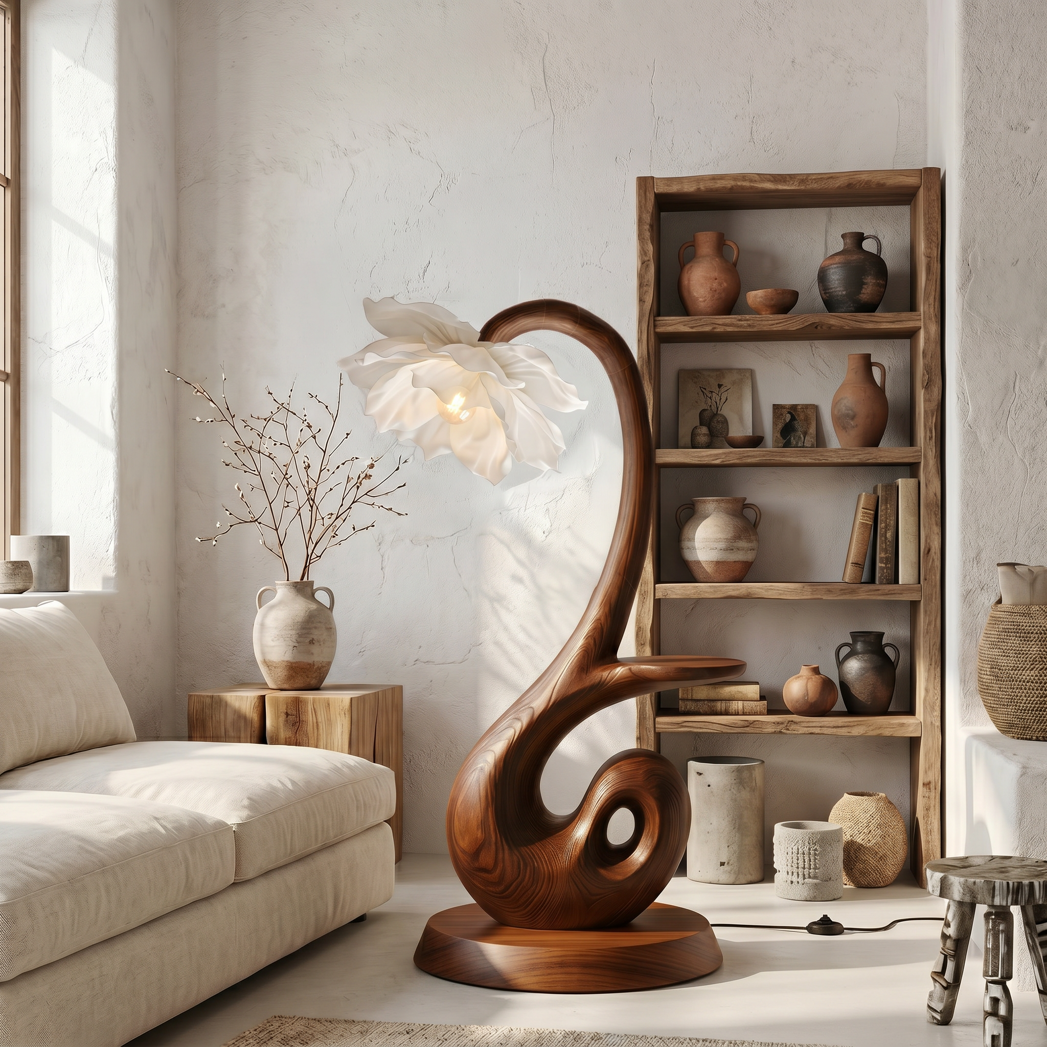 Nature Inspired Floor Lamp With Blooming Flower Shade And Display Shelf For Reading Nook