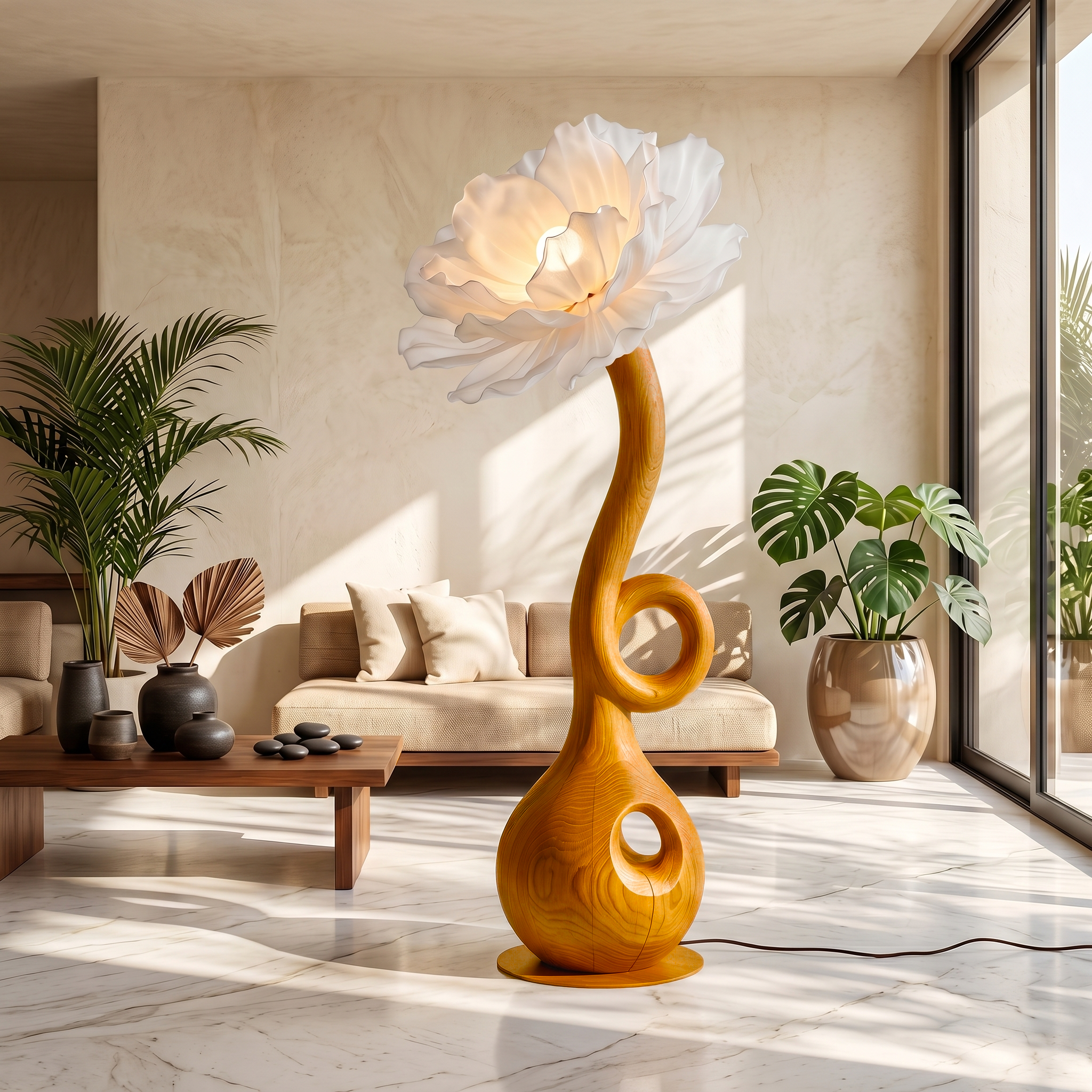 Sculptural Floor Lamp With Floral Accent Design For Bedroom And Reading Room