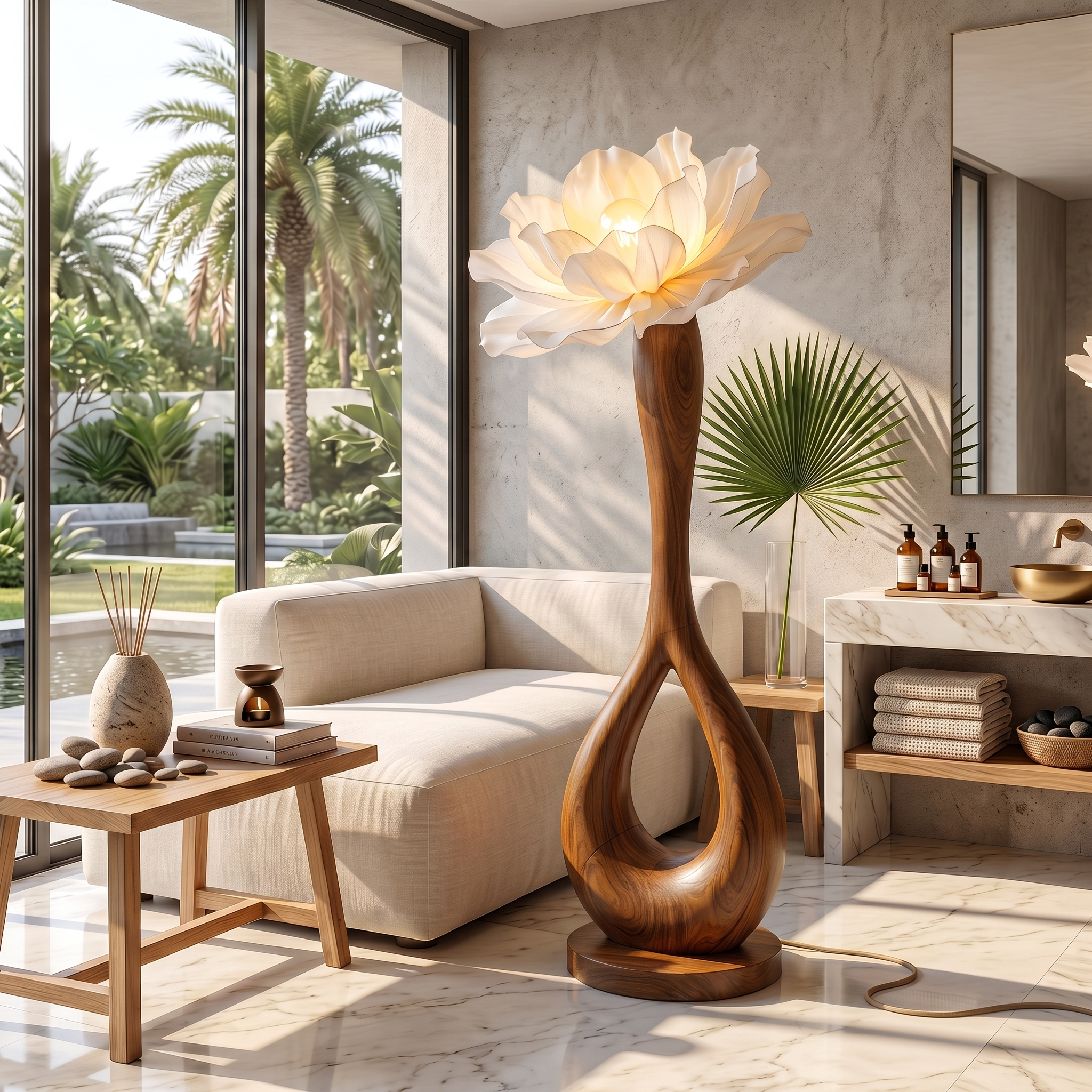 Handcrafted Floor Lamp With Blooming Flower Sculpture For Living Room
