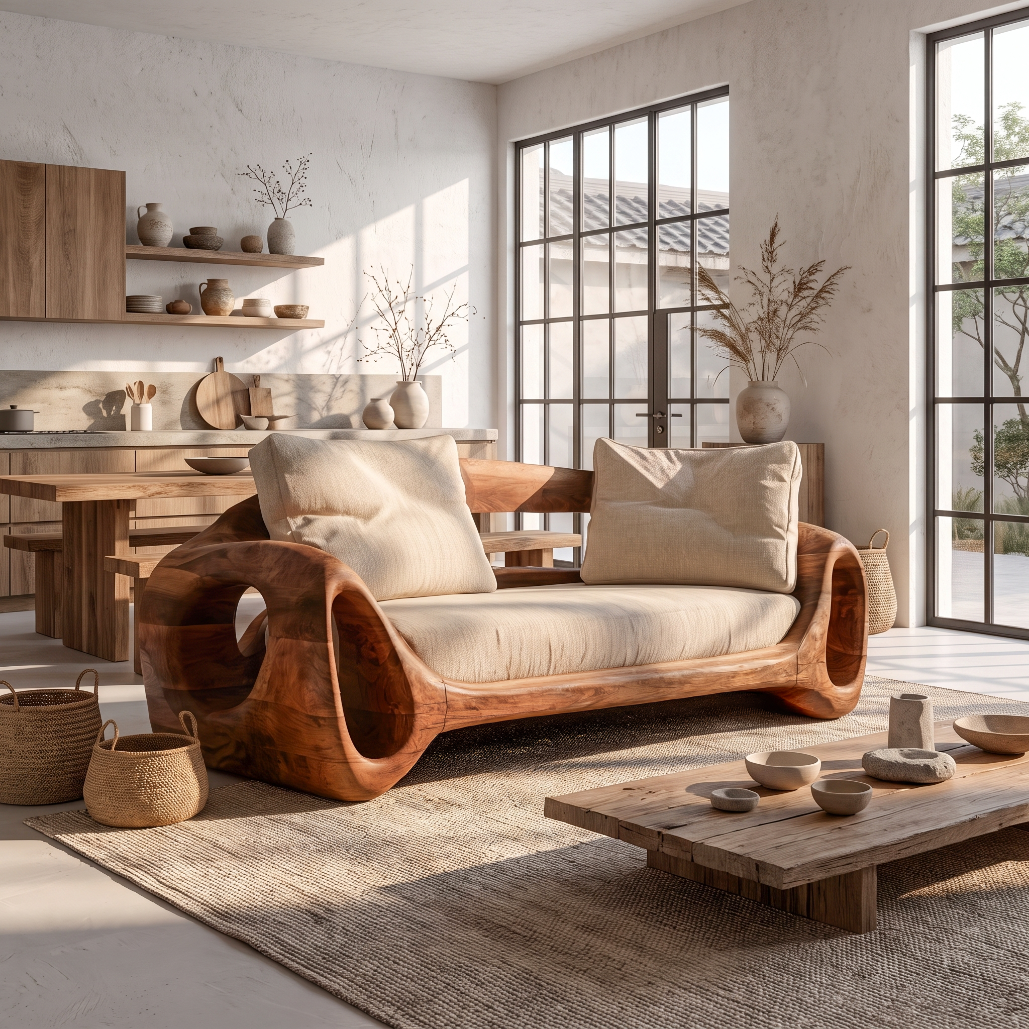 Organic Sofa Frame With Sculptural Circular Armrests For Living Room