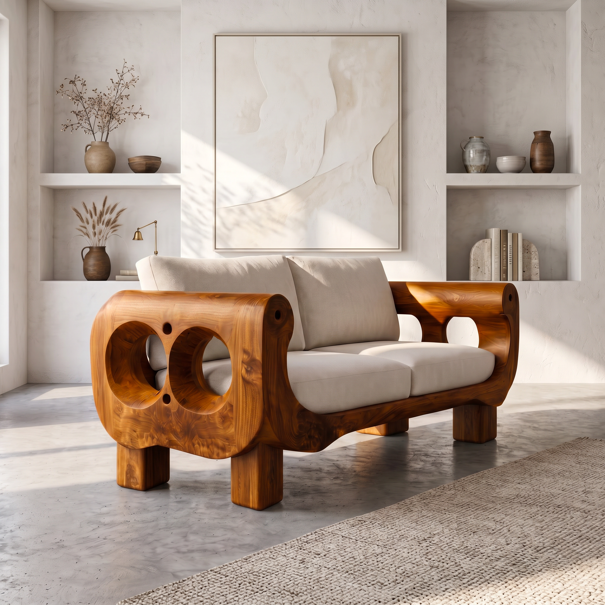 Rustic Sofa Frame With Handcrafted Sculptural Wood Design For Living Room