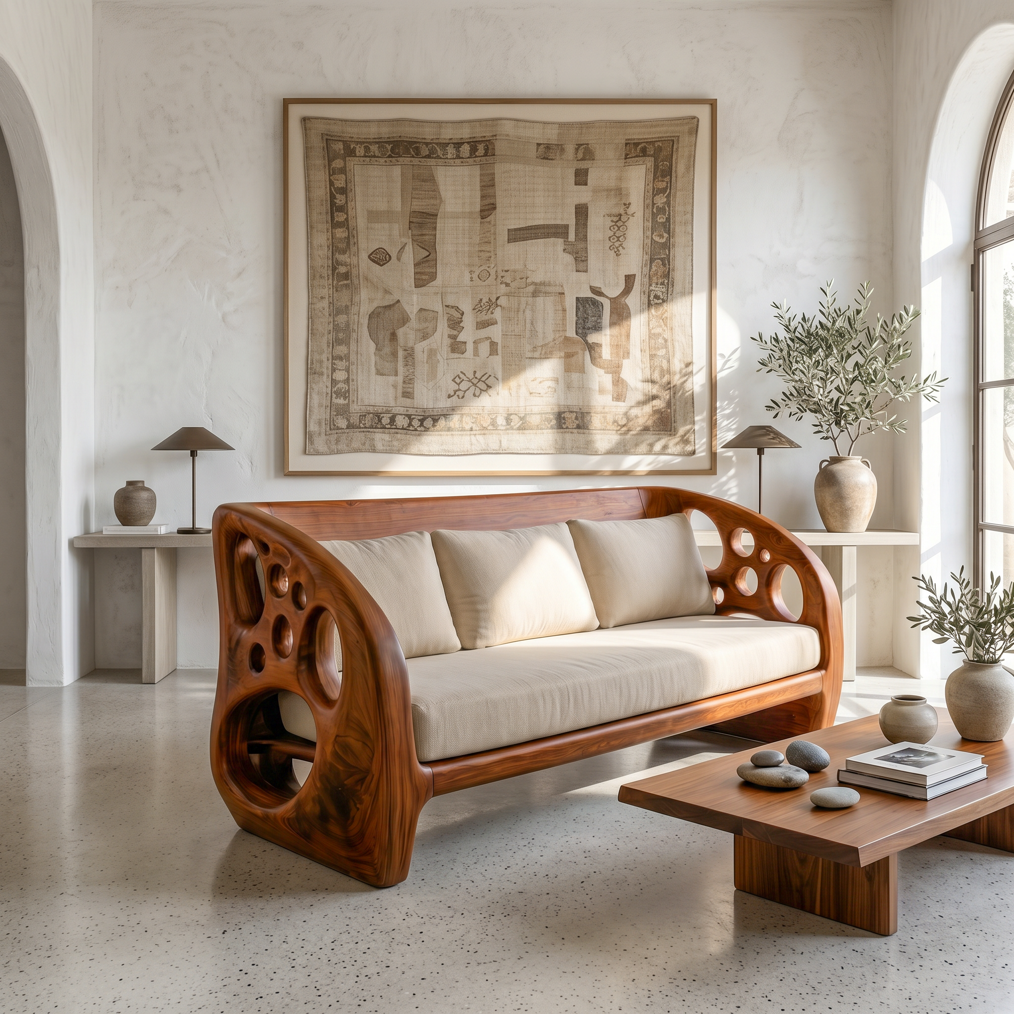 Modern Organic Sofa With Sculptural Perforated Wood Frame