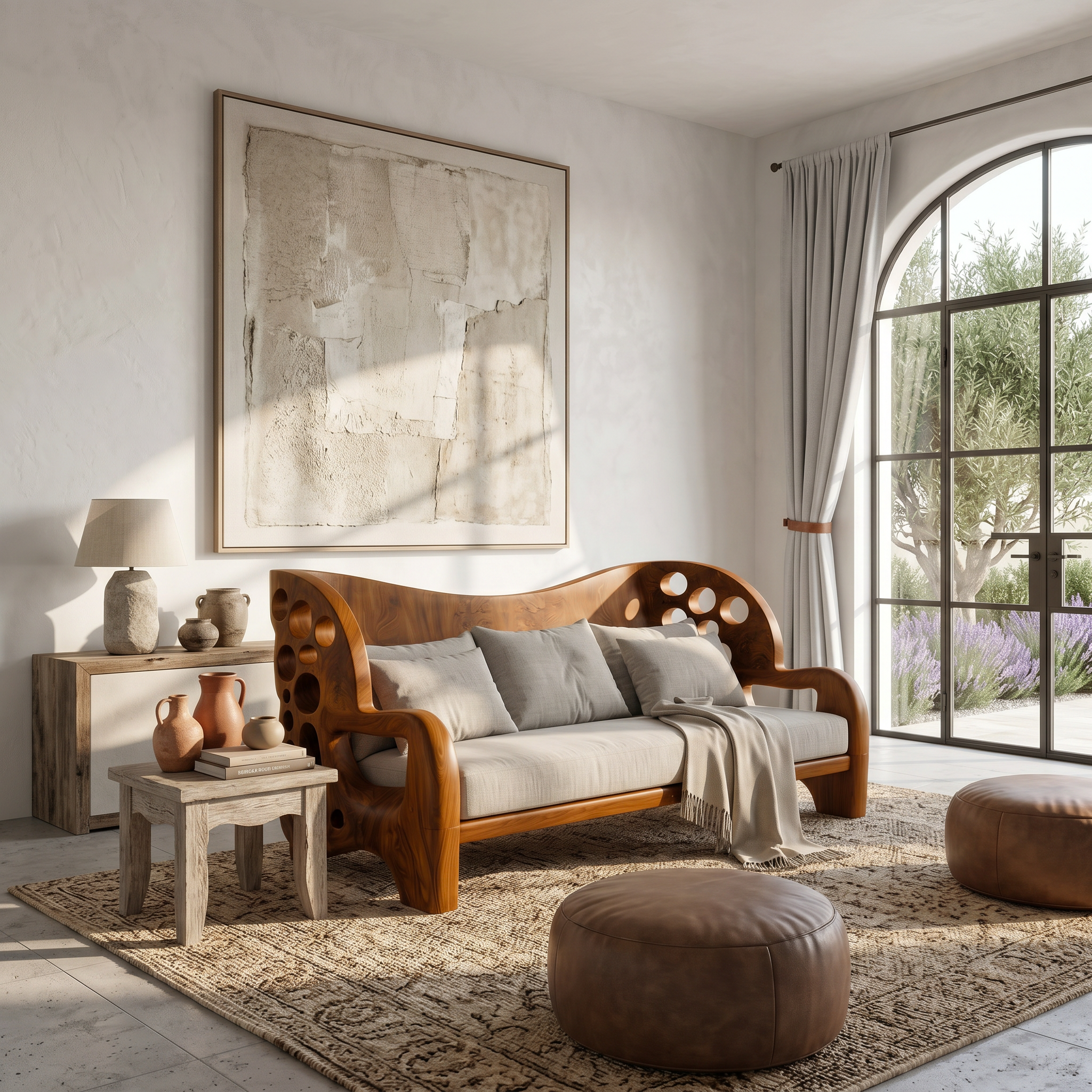 Organic Sofa Frame With Sculptural Openwork Armrests For Living Room