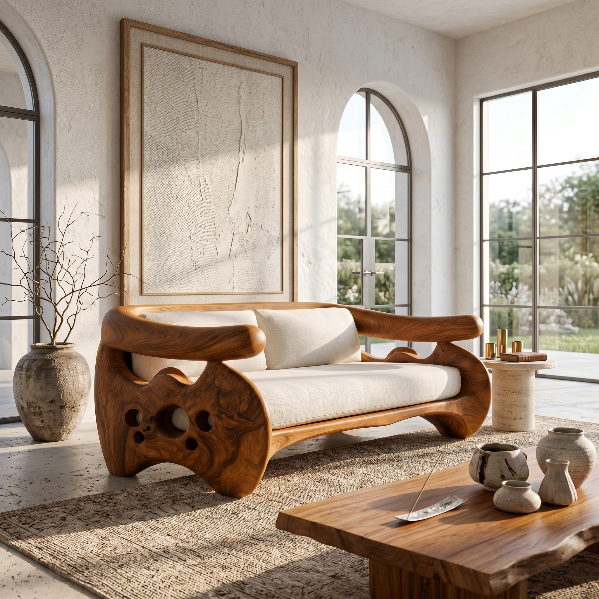 Organic Curved Sofa With Sculptural Wooden Base For Living Room