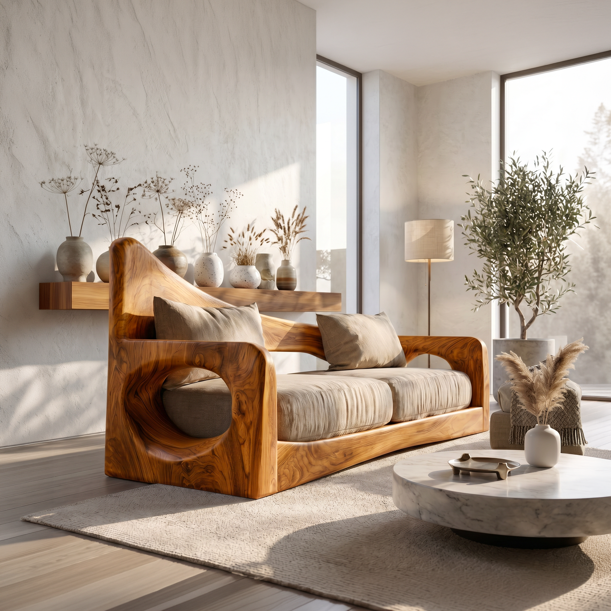 Modern Organic Sofa With Sculptural Perforated Wood Frame