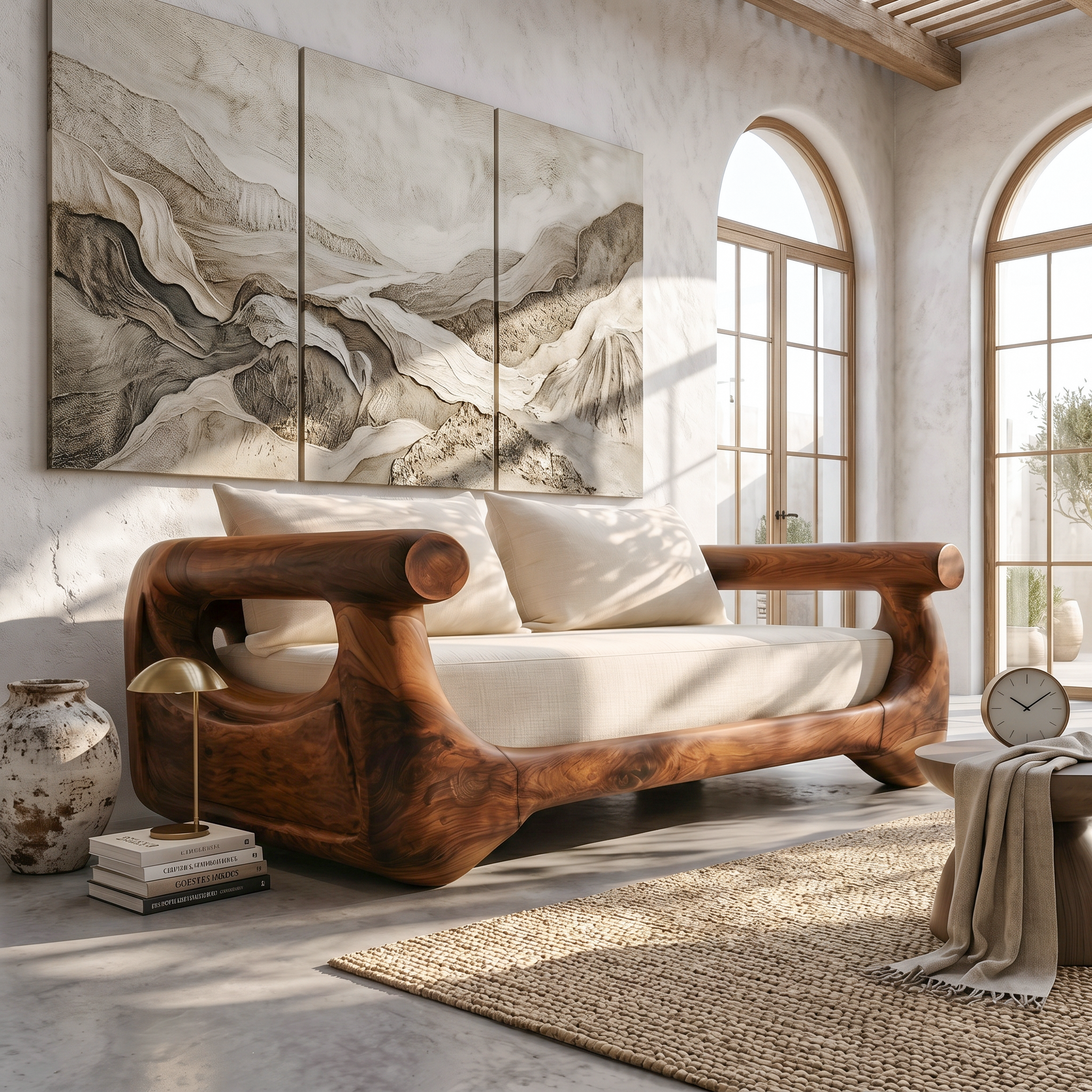 Modern Sofa With Sculptural Perforated Wood Frame For Living Room